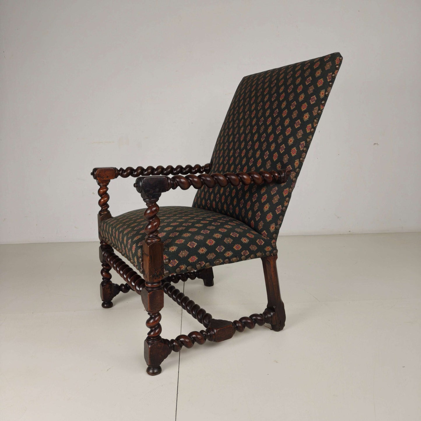 English Barley Twist Library Armchair in Dark Oak, circa 1700 English Barley Twist Library Armchair in Dark Oak, circa 1700