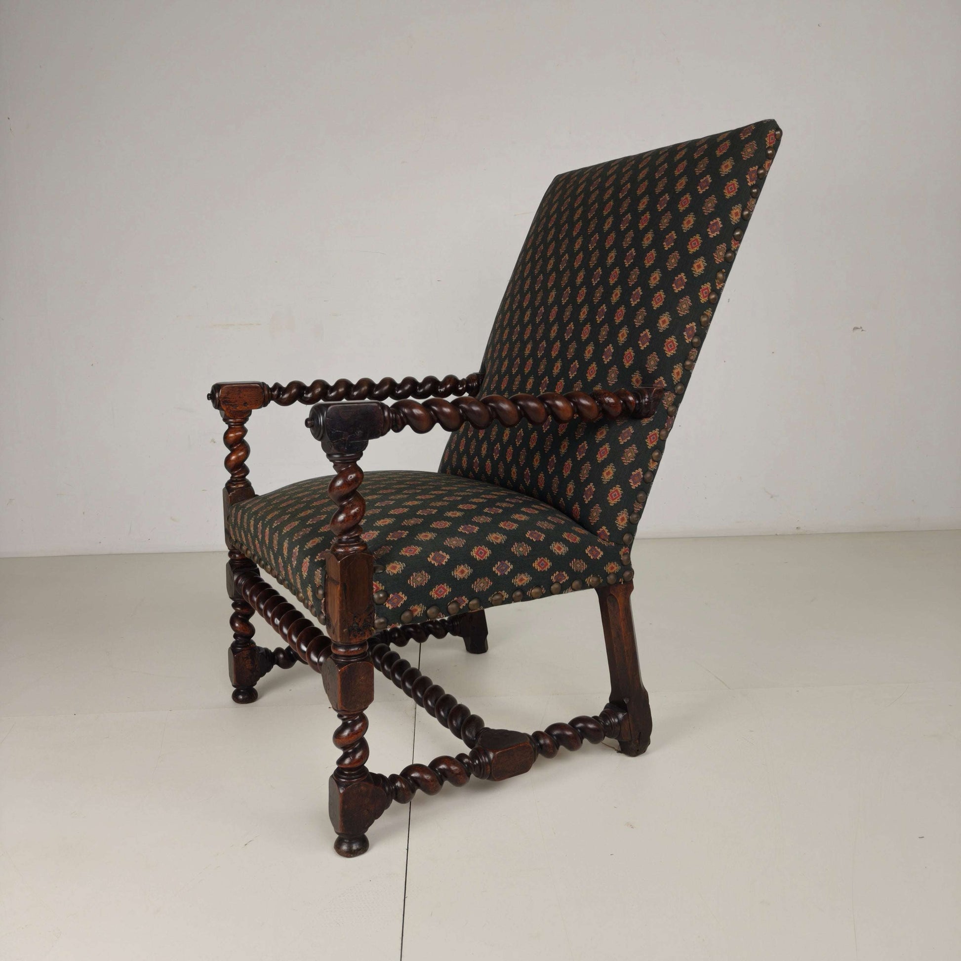 English Barley Twist Library Armchair in Dark Oak, circa 1700 English Barley Twist Library Armchair in Dark Oak, circa 1700
