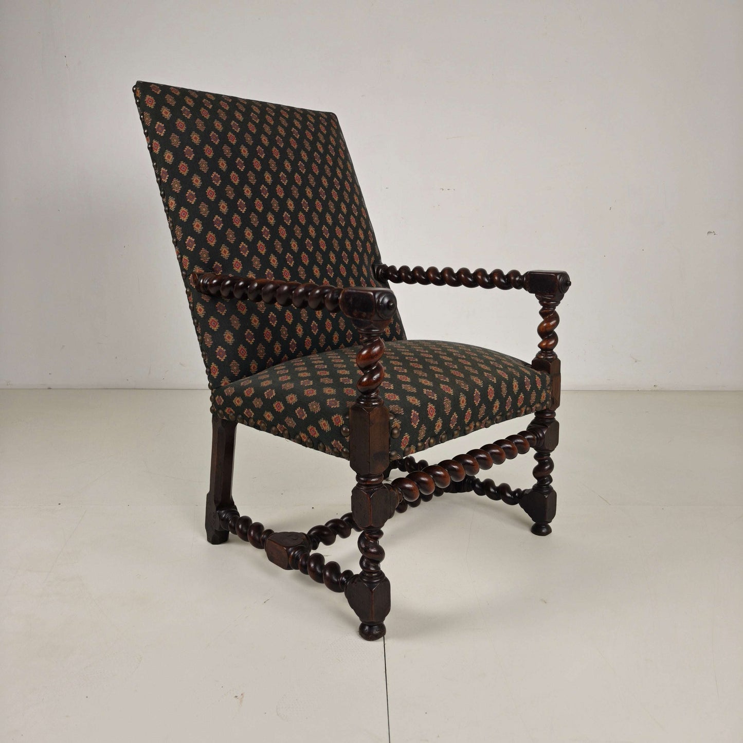 English Barley Twist Library Armchair in Dark Oak, circa 1700 English Barley Twist Library Armchair in Dark Oak, circa 1700
