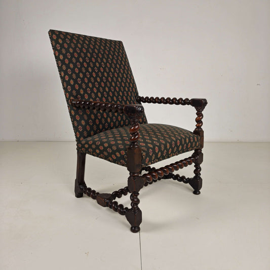 English Barley Twist Library Armchair in Dark Oak, circa 1700 English Barley Twist Library Armchair in Dark Oak, circa 1700