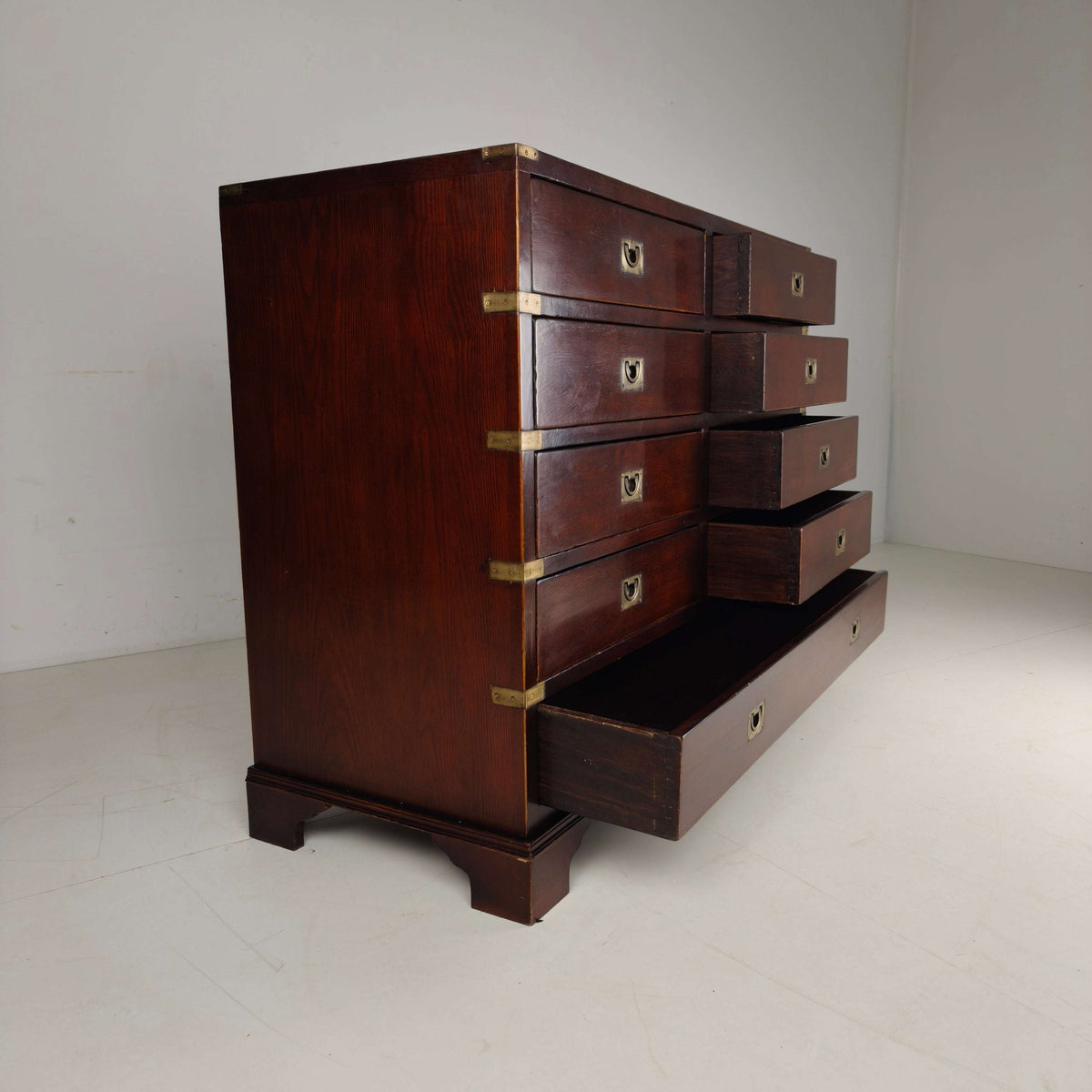 English Campaign Chest of Drawers with Brass Hardware – 20th Century English Campaign Chest of Drawers with Brass Hardware – 20th Century