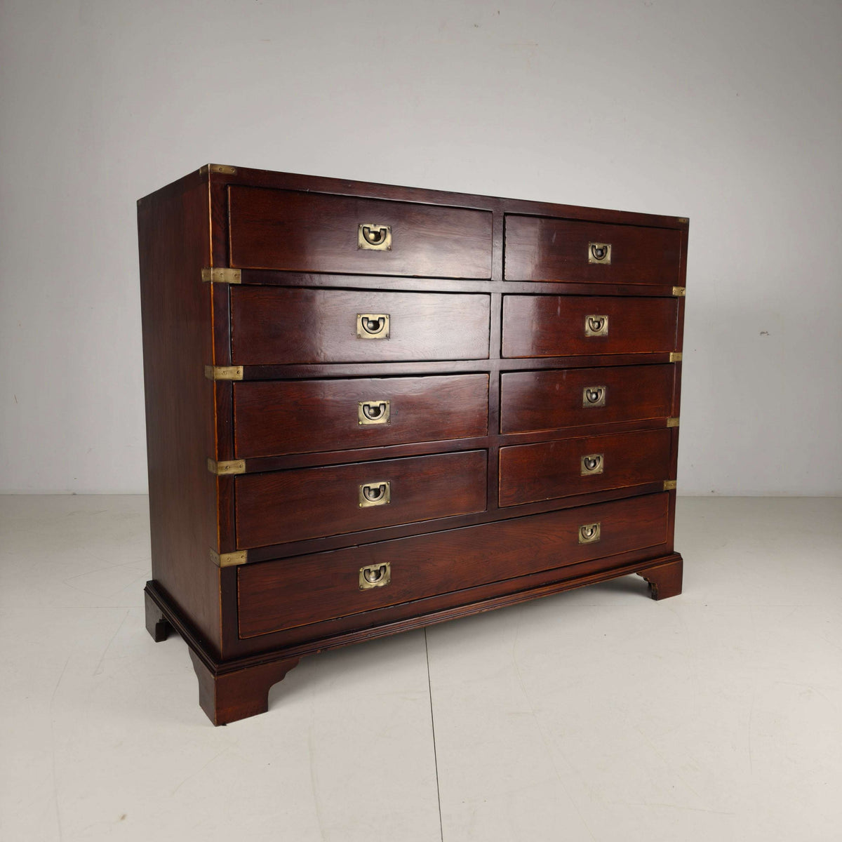English Campaign Chest of Drawers with Brass Hardware – 20th Century English Campaign Chest of Drawers with Brass Hardware – 20th Century