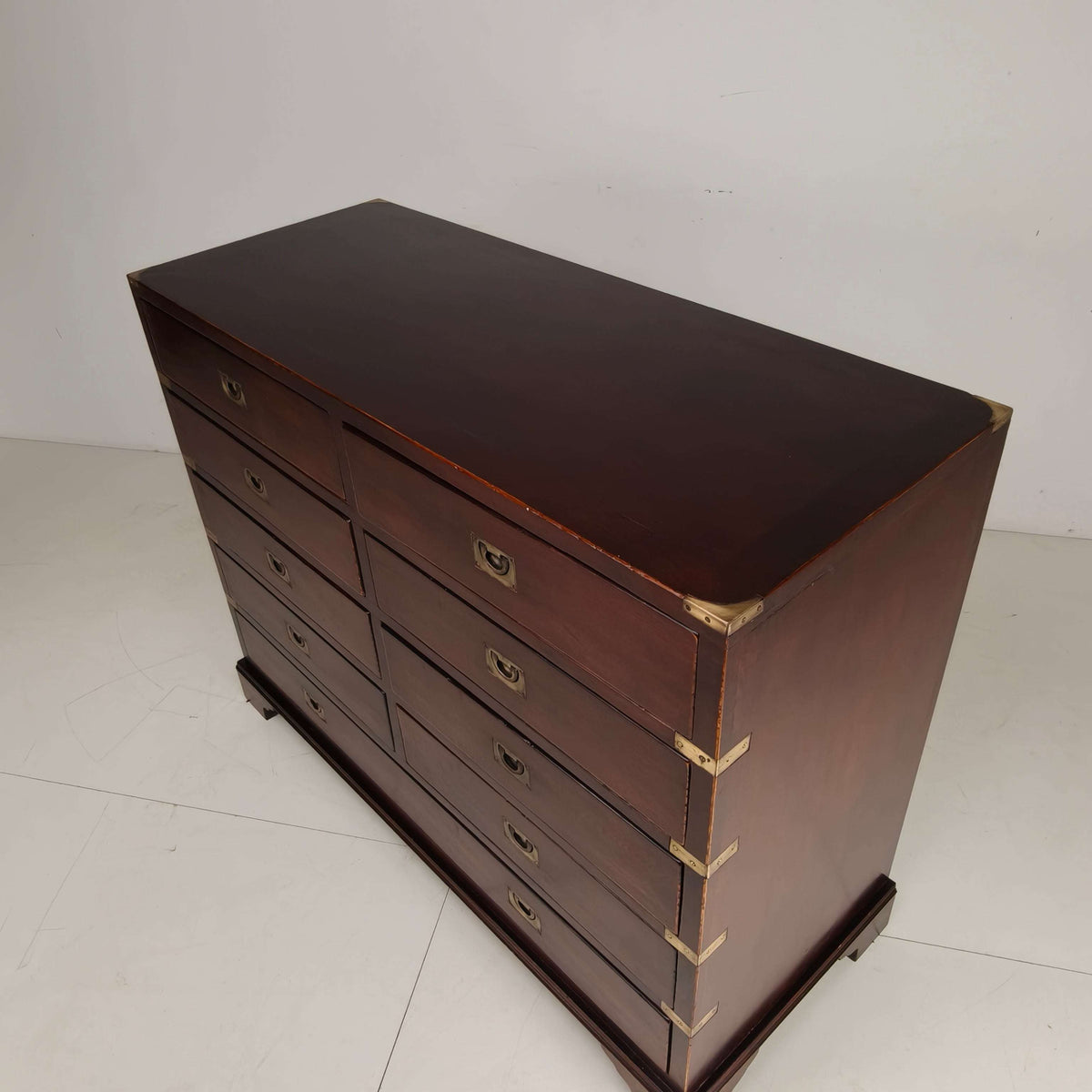 English Campaign Chest of Drawers with Brass Hardware – 20th Century English Campaign Chest of Drawers with Brass Hardware – 20th Century