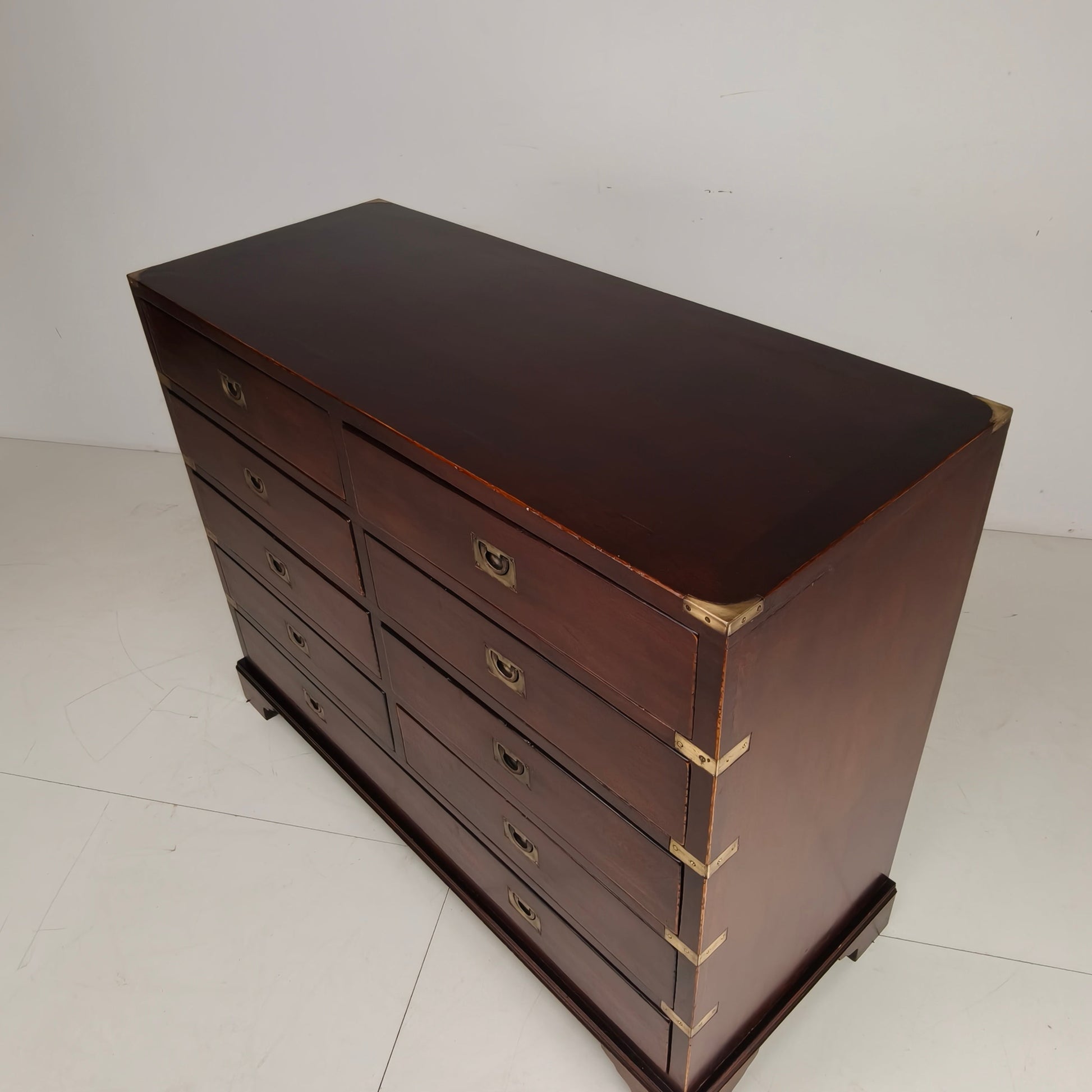 English Campaign Chest of Drawers with Brass Hardware – 20th Century English Campaign Chest of Drawers with Brass Hardware – 20th Century