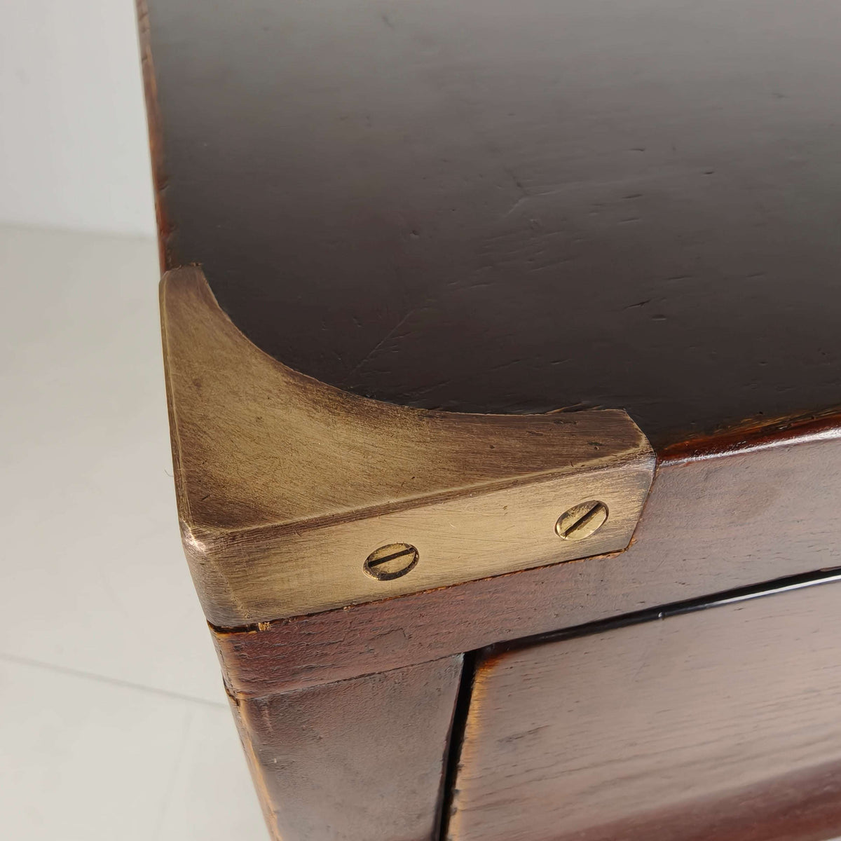 English Campaign Chest of Drawers with Brass Hardware – 20th Century English Campaign Chest of Drawers with Brass Hardware – 20th Century
