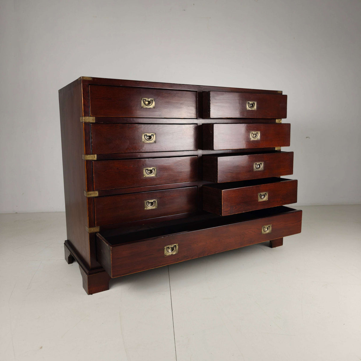 English Campaign Chest of Drawers with Brass Hardware – 20th Century English Campaign Chest of Drawers with Brass Hardware – 20th Century