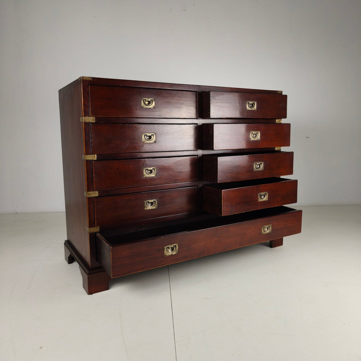 English Campaign Chest of Drawers with Brass Hardware – 20th Century English Campaign Chest of Drawers with Brass Hardware – 20th Century
