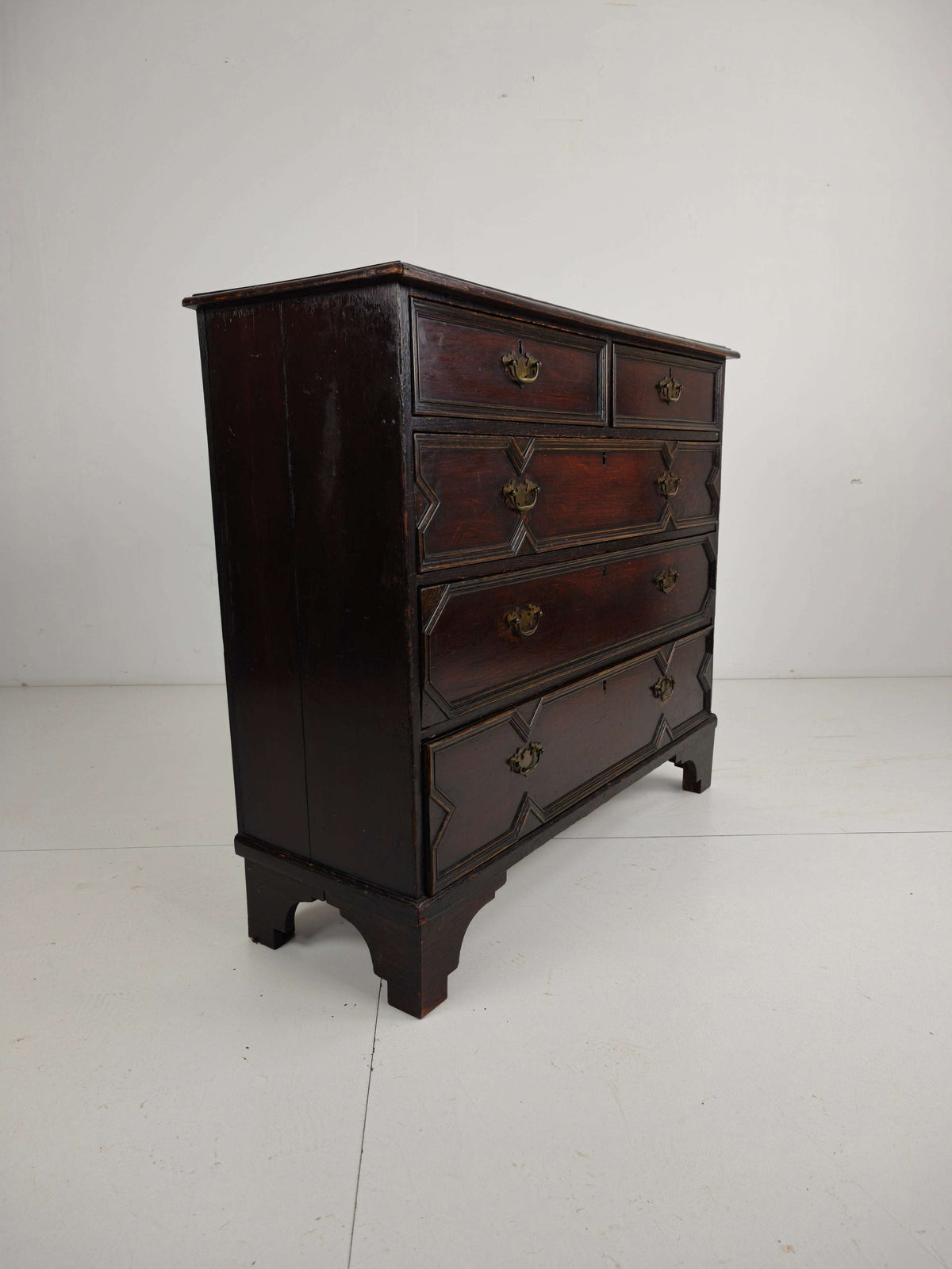 English Geometric-Panelled Oak Chest of Drawers, circa 1680 English Geometric-Panelled Oak Chest of Drawers, circa 1680