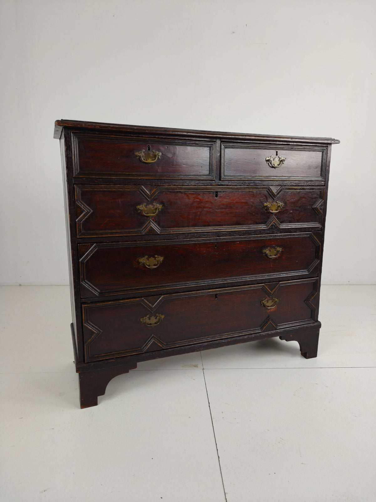 English Geometric-Panelled Oak Chest of Drawers, circa 1680 English Geometric-Panelled Oak Chest of Drawers, circa 1680