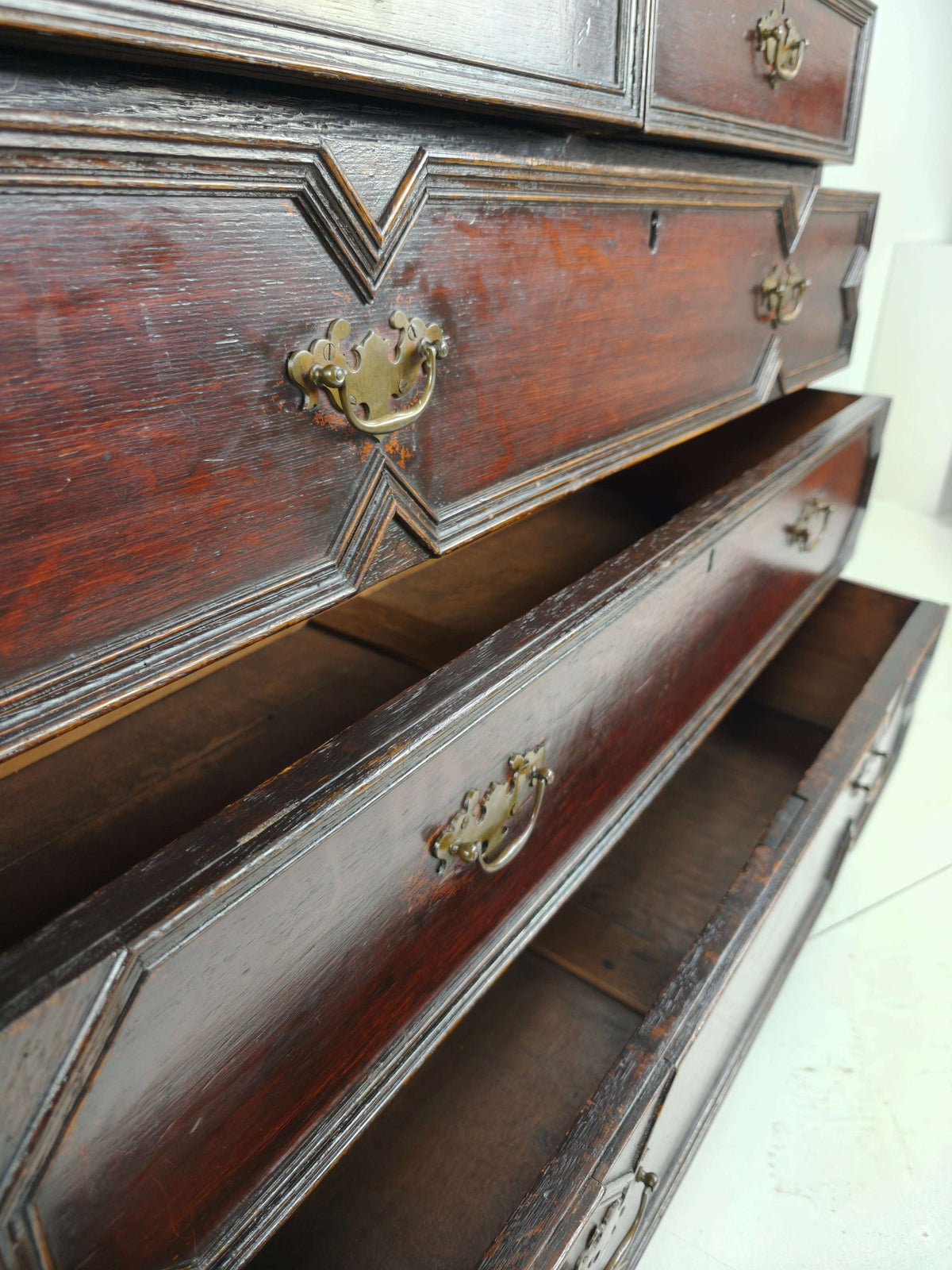 English Geometric-Panelled Oak Chest of Drawers, circa 1680 English Geometric-Panelled Oak Chest of Drawers, circa 1680