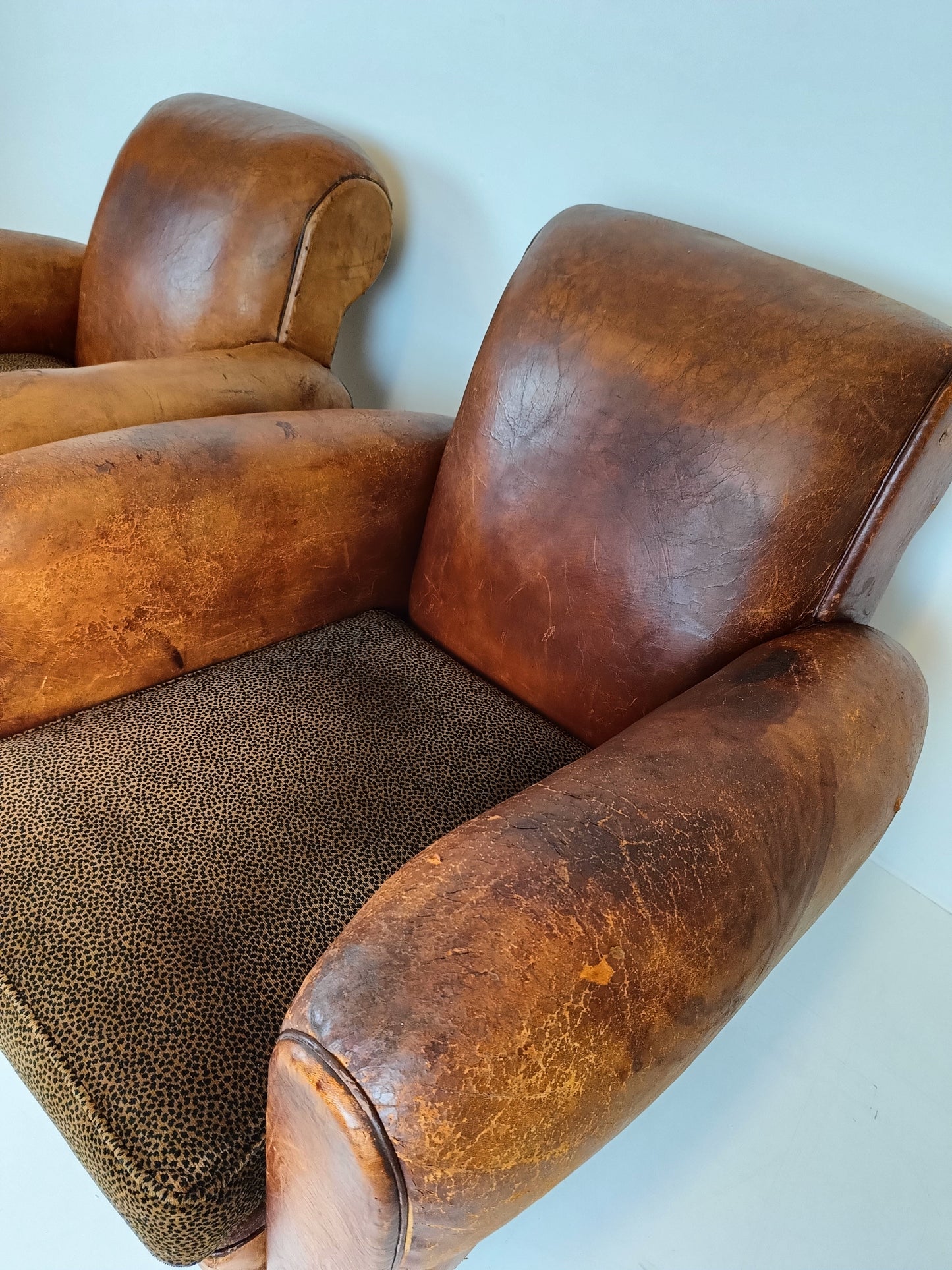 French Antique Sheepskin Club Armchairs 1920 French Antique Sheepskin Club Armchairs 1920