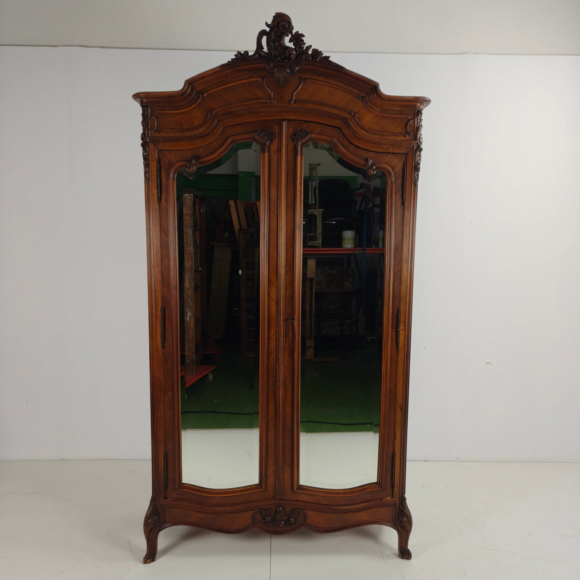 French Louis XV Style Carved Wood Wardrobe / Armoire with Mirrored Doors French Louis XV Style Carved Wood Wardrobe / Armoire with Mirrored Doors