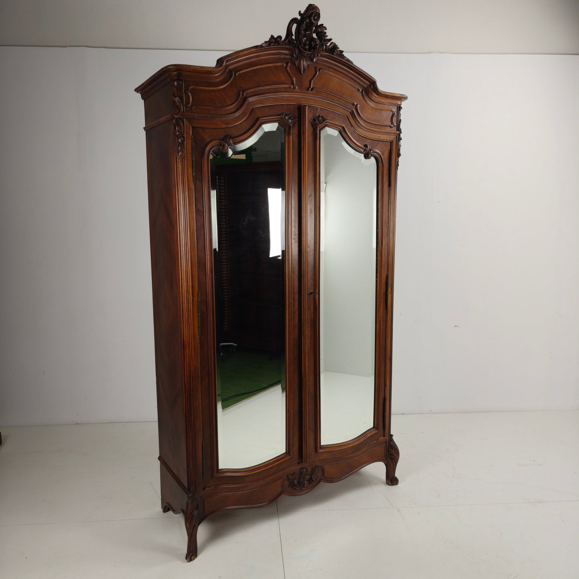 French Louis XV Style Carved Wood Wardrobe / Armoire with Mirrored Doors French Louis XV Style Carved Wood Wardrobe / Armoire with Mirrored Doors