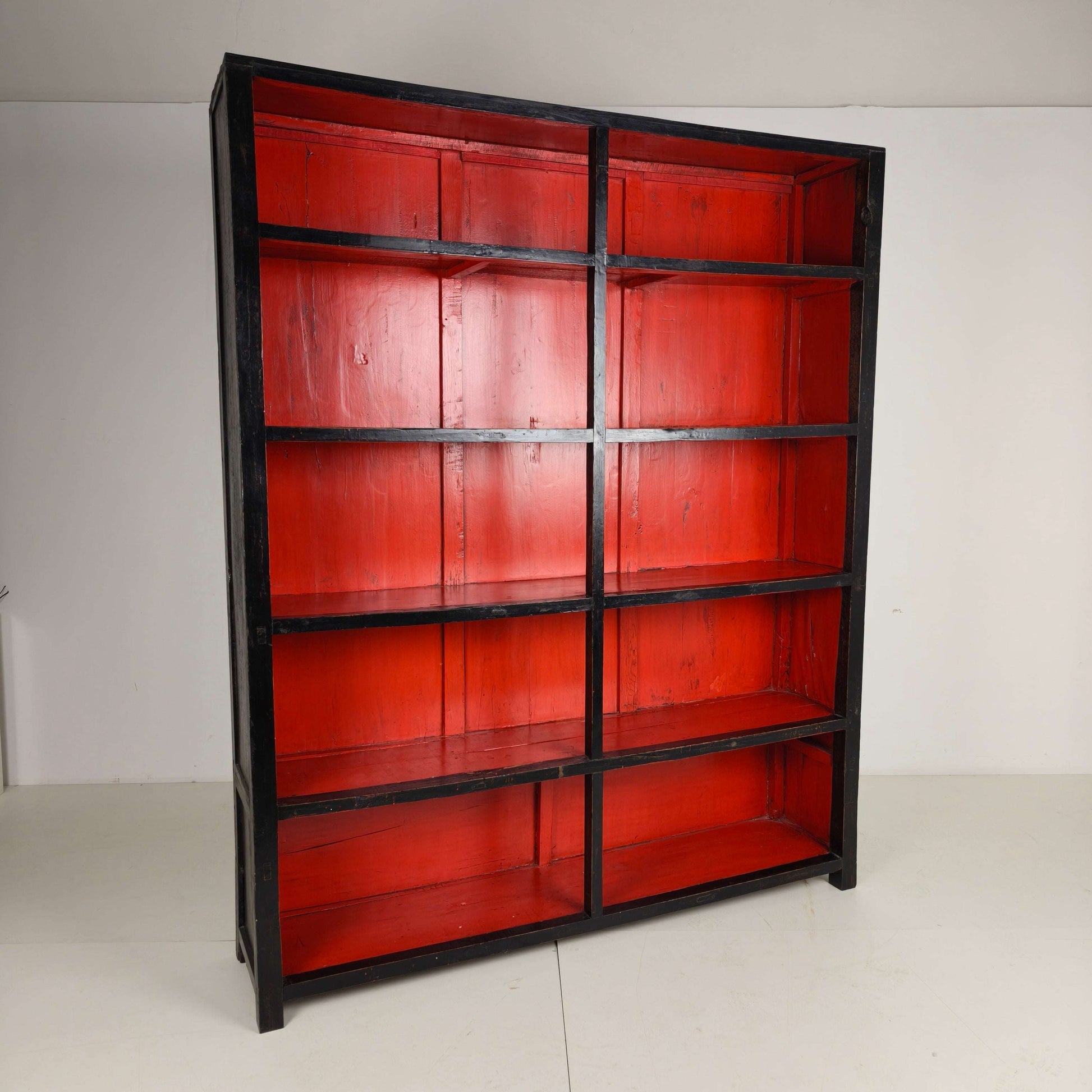 Large Antique Chinese Display Cabinet / Open Bookcase with Red Lacquer Interior Large Antique Chinese Display Cabinet / Open Bookcase with Red Lacquer Interior