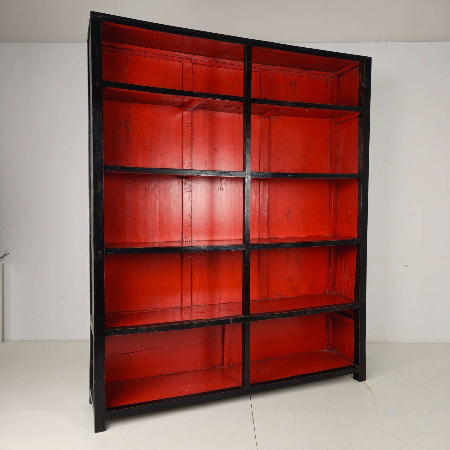Large Antique Chinese Display Cabinet / Open Bookcase with Red Lacquer Interior Large Antique Chinese Display Cabinet / Open Bookcase with Red Lacquer Interior