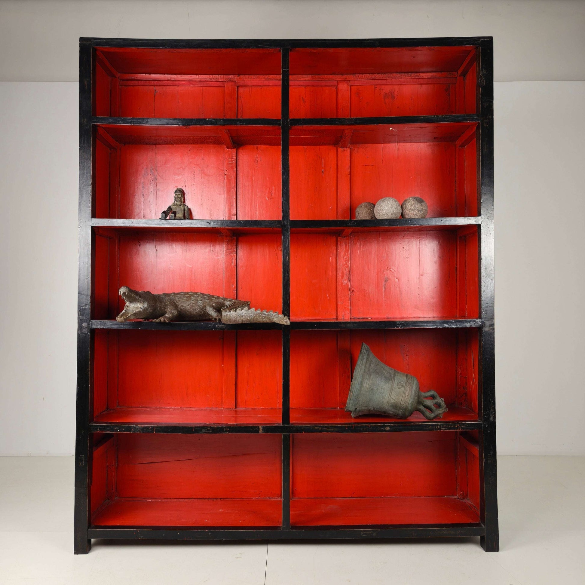Large Antique Chinese Display Cabinet / Open Bookcase with Red Lacquer Interior Large Antique Chinese Display Cabinet / Open Bookcase with Red Lacquer Interior