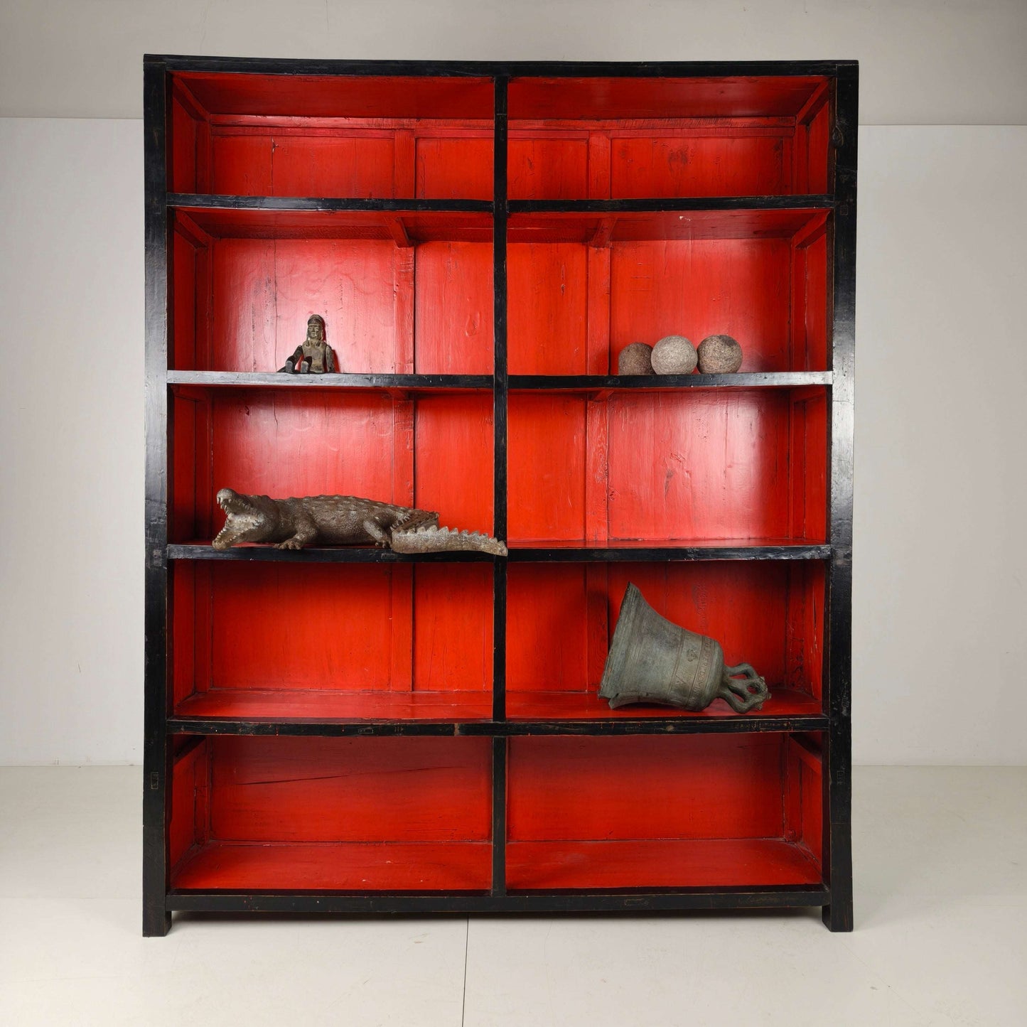 Large Antique Chinese Display Cabinet / Open Bookcase with Red Lacquer Interior Large Antique Chinese Display Cabinet / Open Bookcase with Red Lacquer Interior