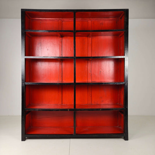 Large Antique Chinese Display Cabinet / Open Bookcase with Red Lacquer Interior Large Antique Chinese Display Cabinet / Open Bookcase with Red Lacquer Interior