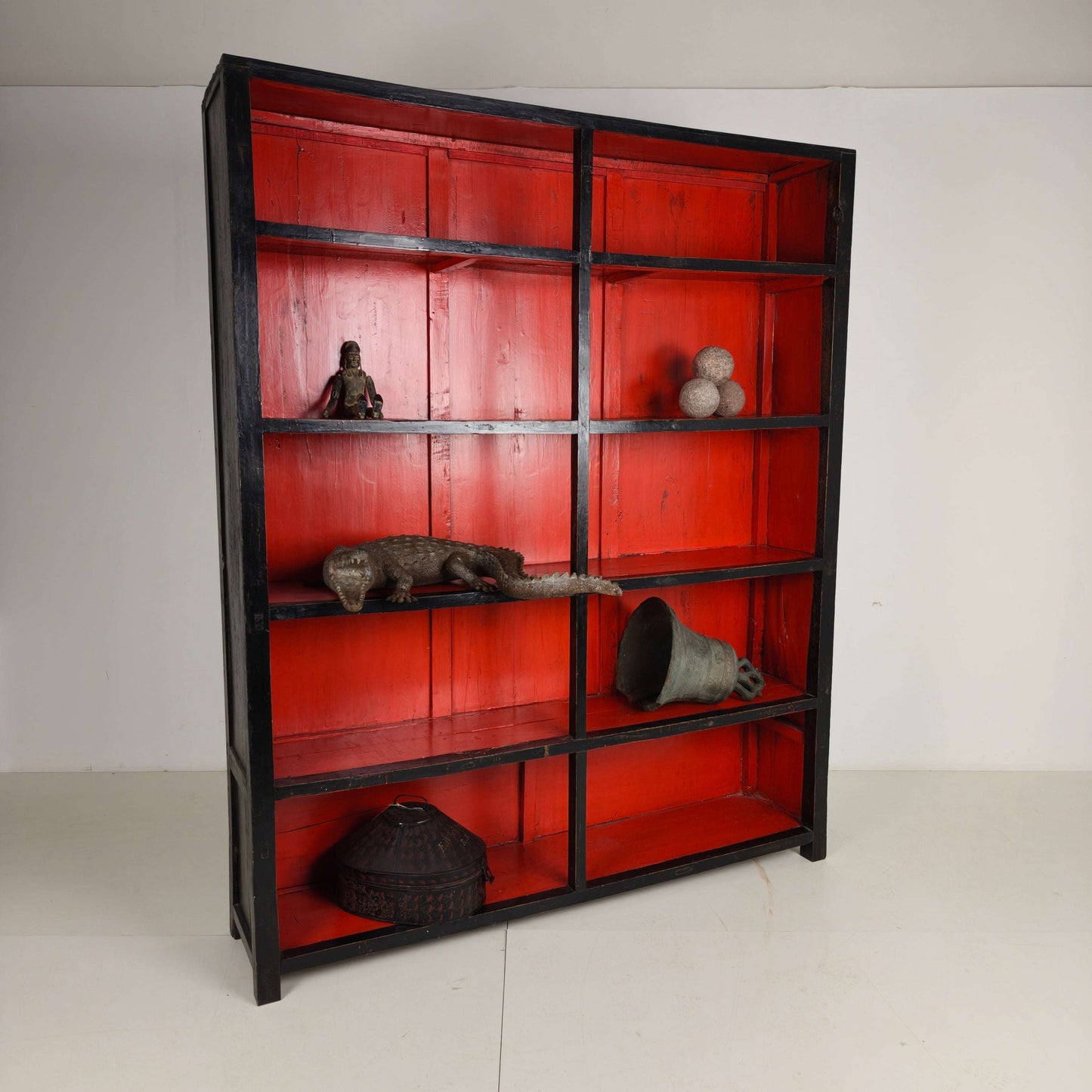 Large Antique Chinese Display Cabinet / Open Bookcase with Red Lacquer Interior Large Antique Chinese Display Cabinet / Open Bookcase with Red Lacquer Interior