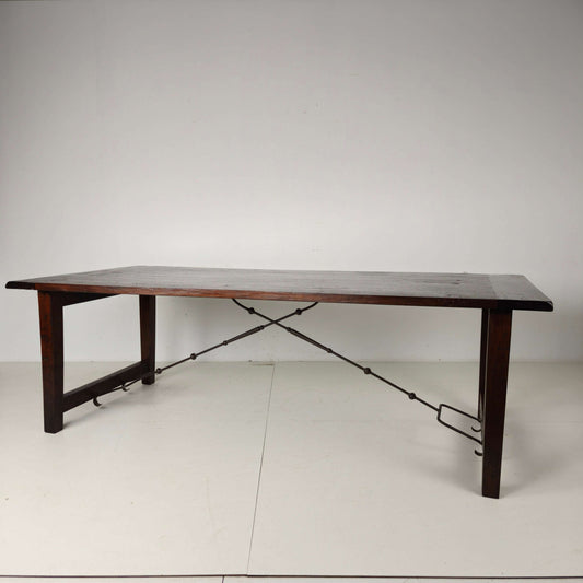 Large Spanish Oak Dining Table with Wrought Iron Bars– 20th Century Large Spanish Oak Dining Table with Wrought Iron Bars– 20th Century