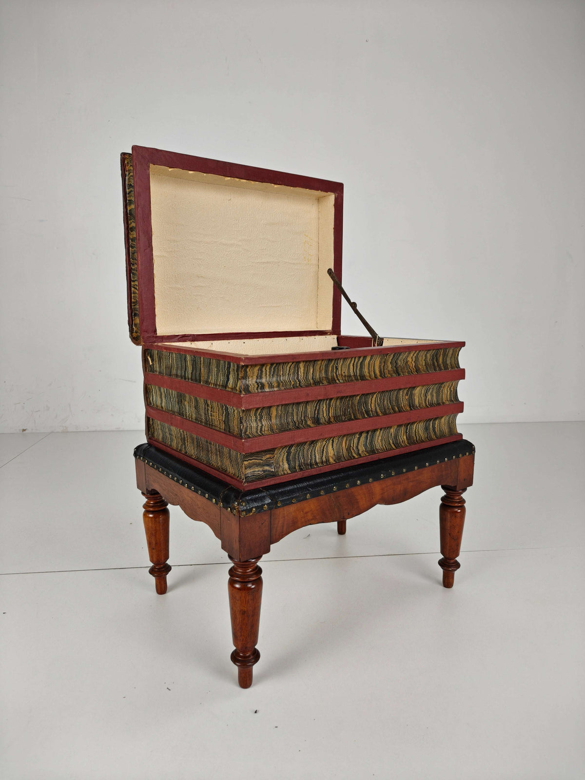 Leather Faux Book Box on Painted Stand – English, circa 1830 Leather Faux Book Box on Painted Stand – English, circa 1830