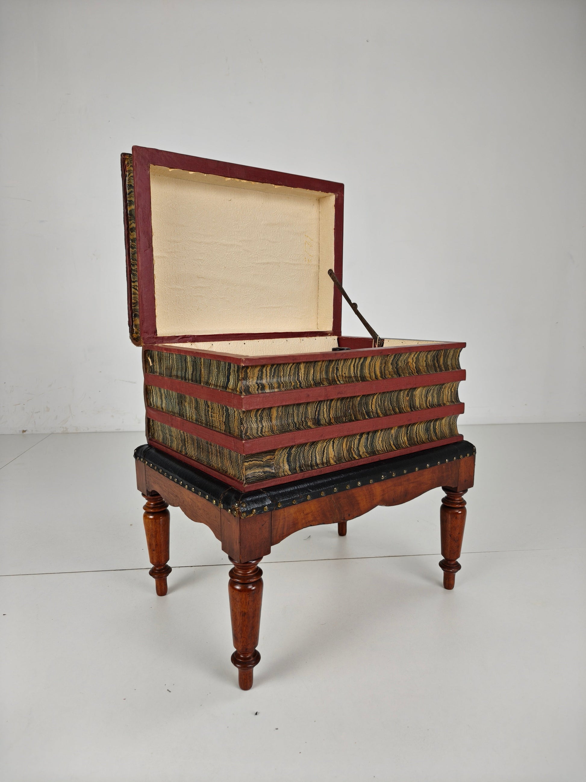 Leather Faux Book Box on Painted Stand – English, circa 1830 Leather Faux Book Box on Painted Stand – English, circa 1830