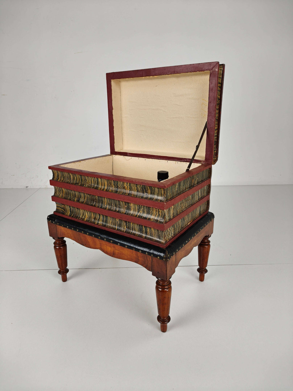 Leather Faux Book Box on Painted Stand – English, circa 1830 Leather Faux Book Box on Painted Stand – English, circa 1830