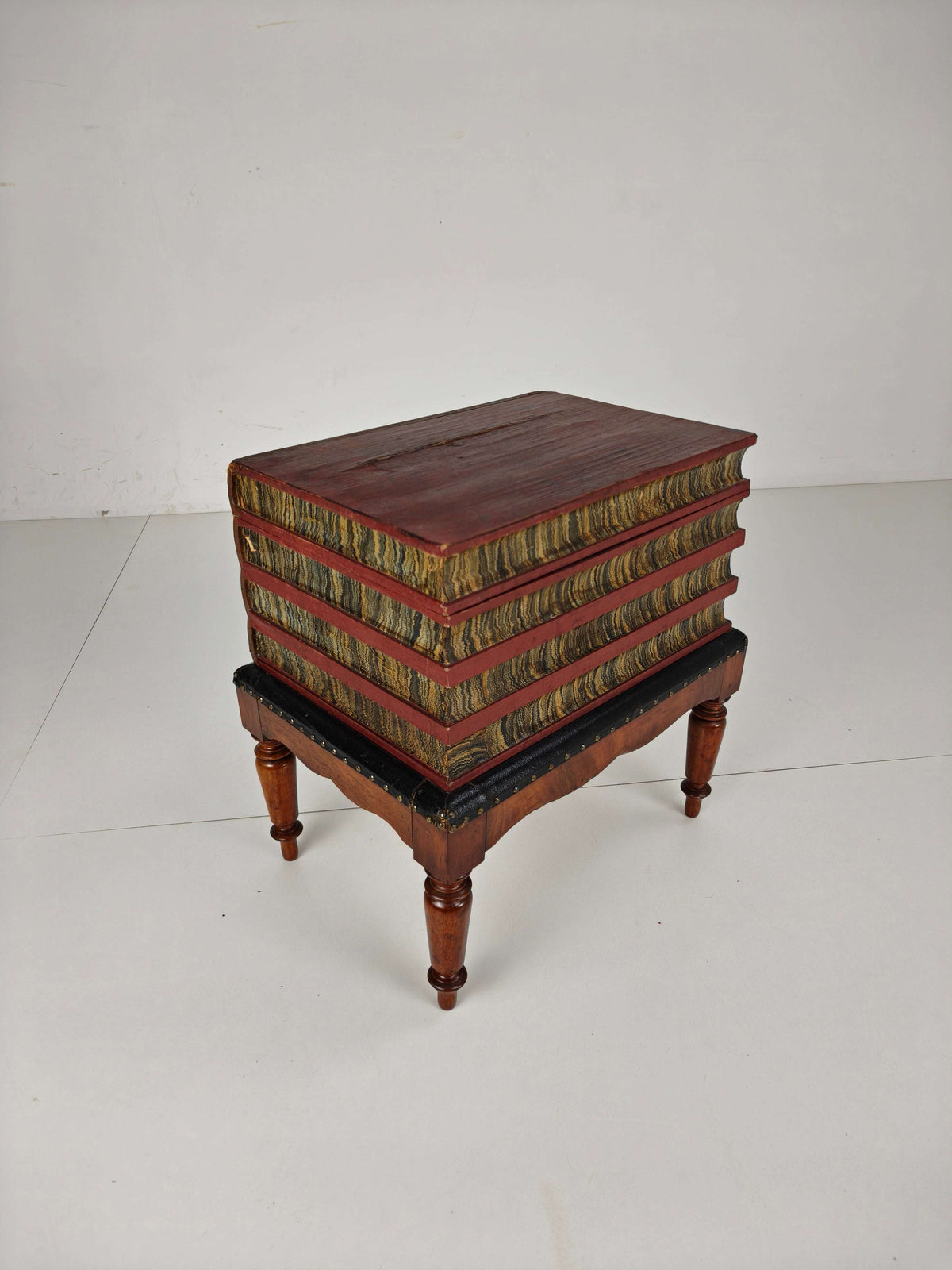 Leather Faux Book Box on Painted Stand – English, circa 1830 Leather Faux Book Box on Painted Stand – English, circa 1830