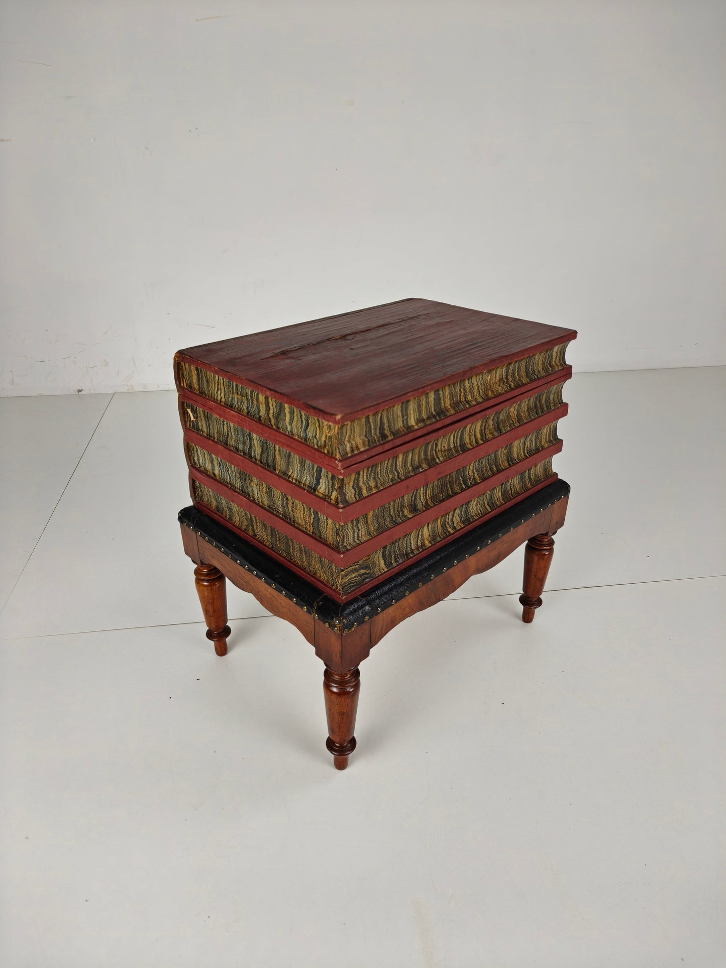 Leather Faux Book Box on Painted Stand – English, circa 1830 Leather Faux Book Box on Painted Stand – English, circa 1830