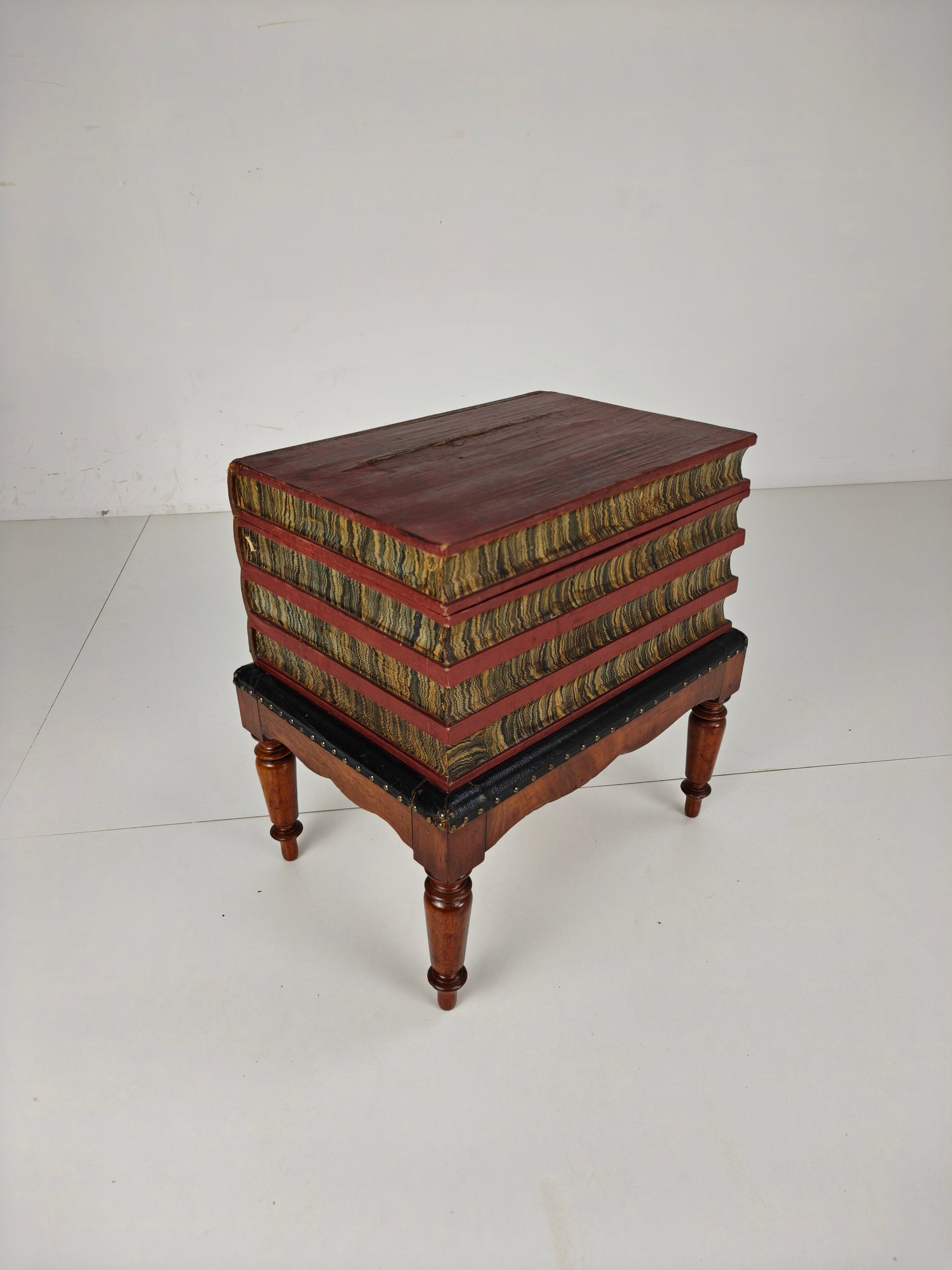 Leather Faux Book Box on Painted Stand – English, circa 1830 Leather Faux Book Box on Painted Stand – English, circa 1830