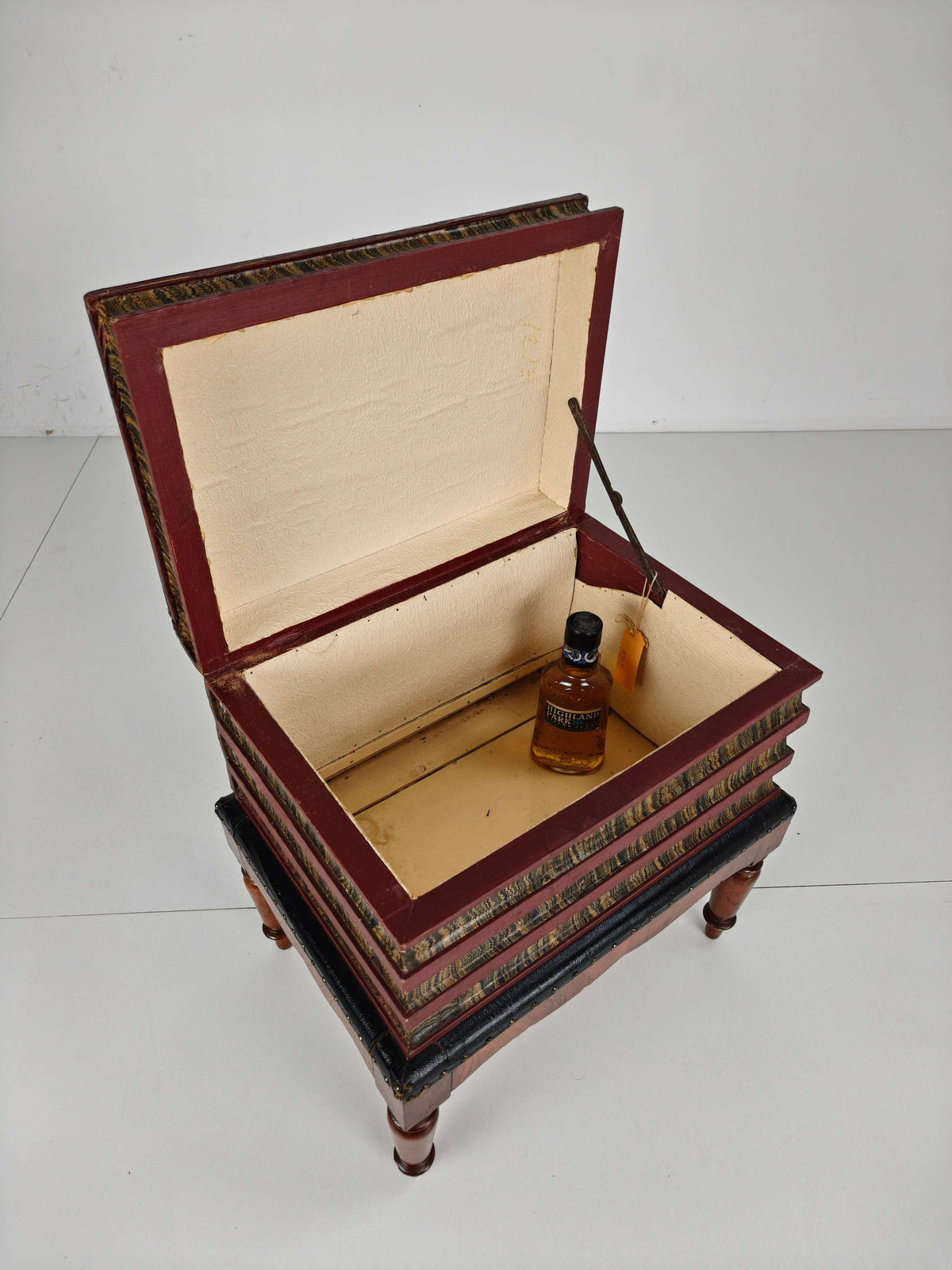 Leather Faux Book Box on Painted Stand – English, circa 1830 Leather Faux Book Box on Painted Stand – English, circa 1830