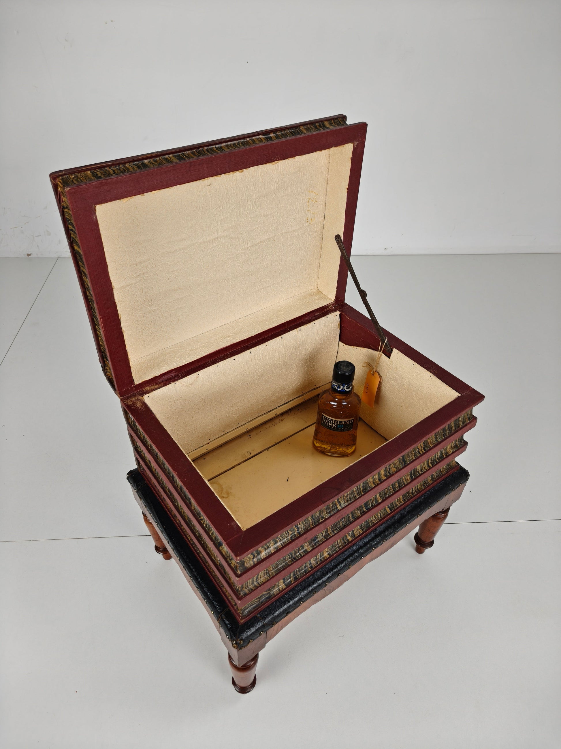 Leather Faux Book Box on Painted Stand – English, circa 1830 Leather Faux Book Box on Painted Stand – English, circa 1830