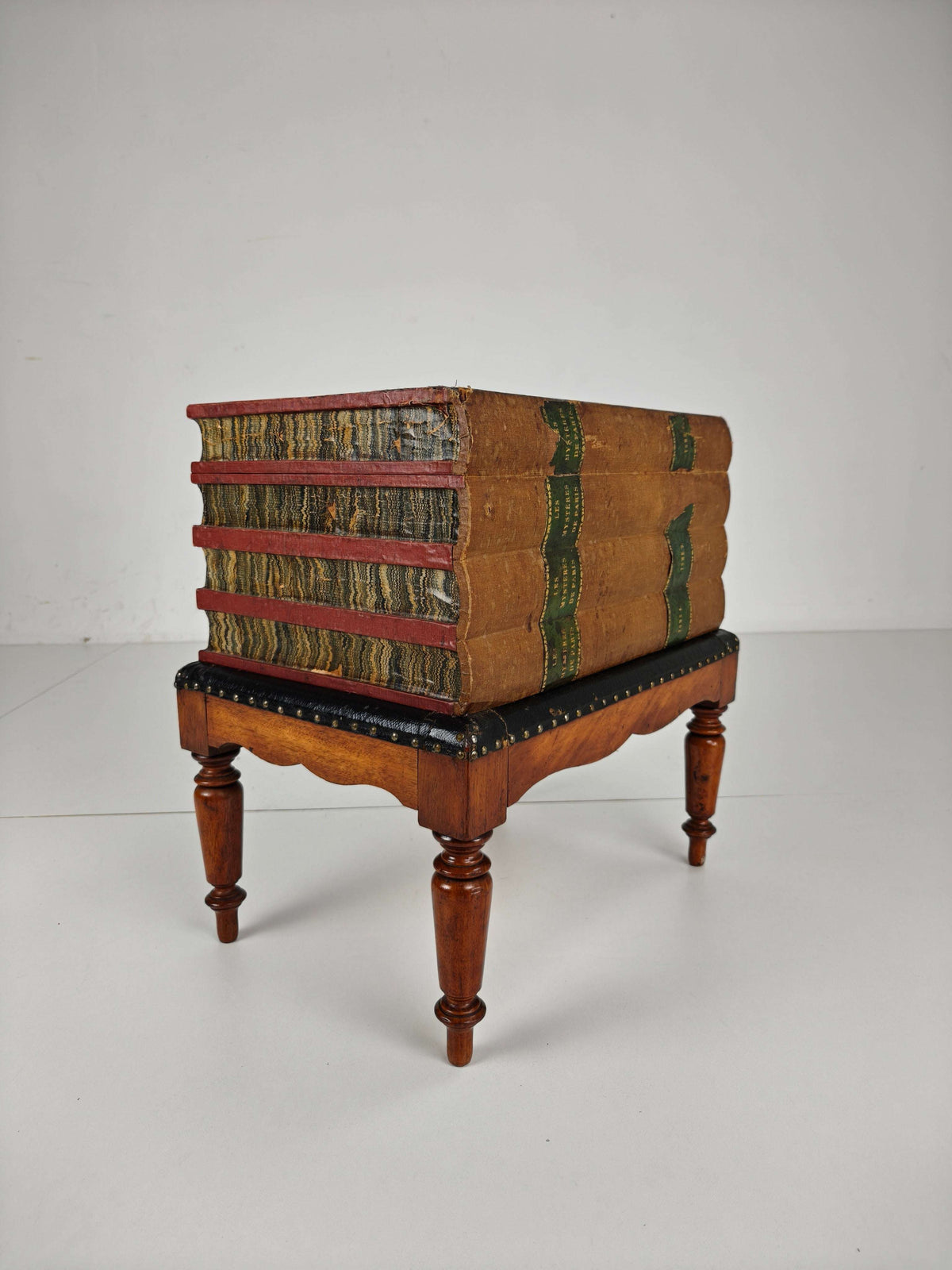 Leather Faux Book Box on Painted Stand – English, circa 1830 Leather Faux Book Box on Painted Stand – English, circa 1830
