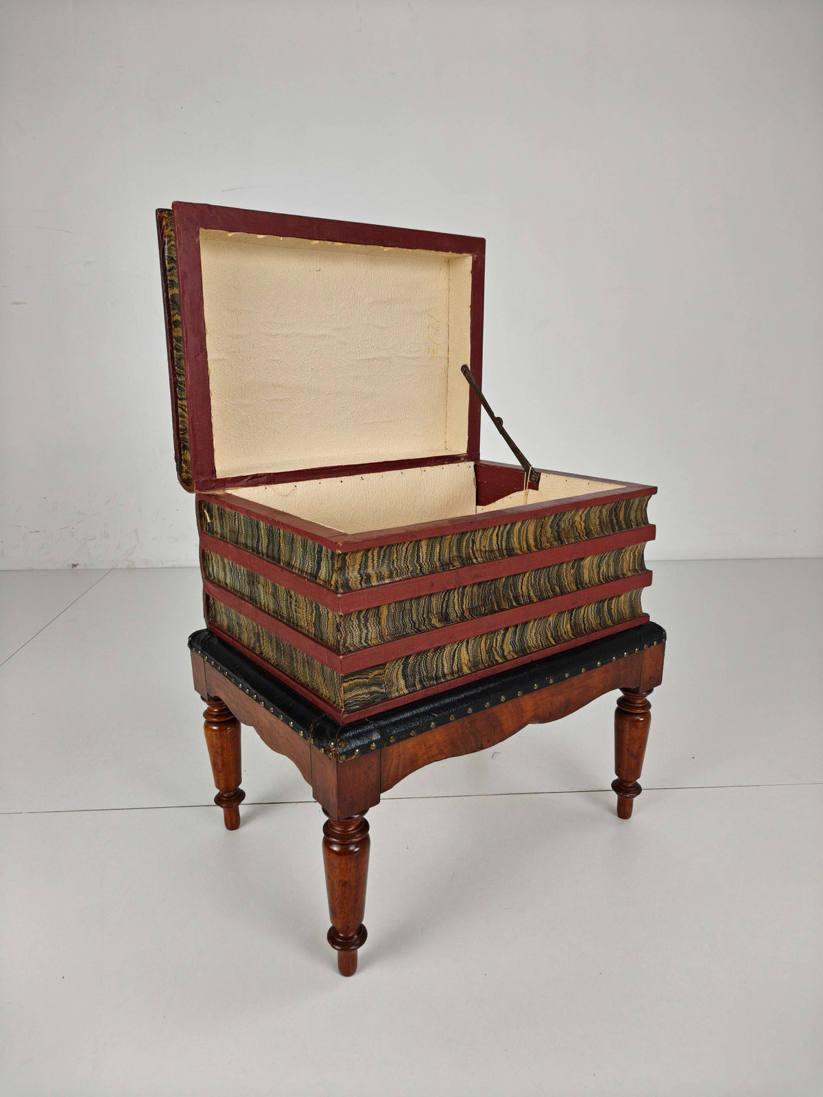 Leather Faux Book Box on Painted Stand – English, circa 1830 Leather Faux Book Box on Painted Stand – English, circa 1830