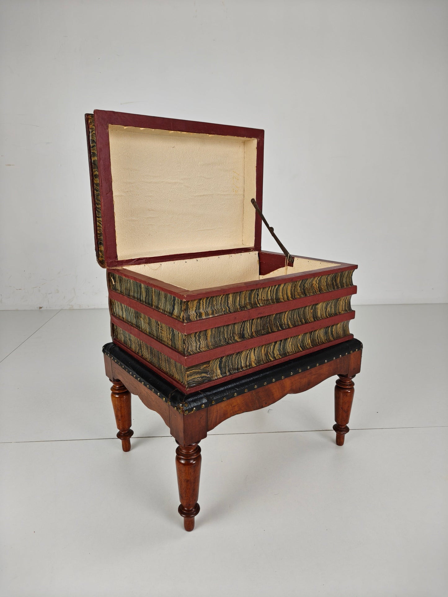 Leather Faux Book Box on Painted Stand – English, circa 1830 Leather Faux Book Box on Painted Stand – English, circa 1830