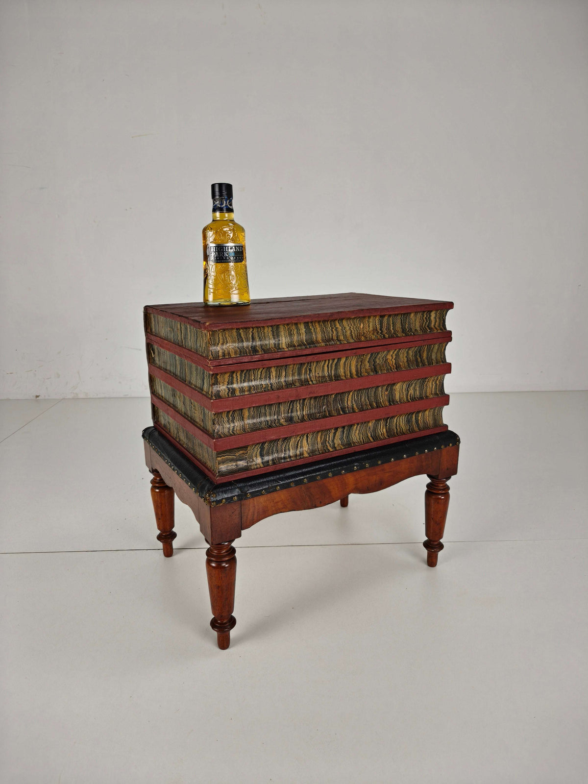 Leather Faux Book Box on Painted Stand – English, circa 1830 Leather Faux Book Box on Painted Stand – English, circa 1830