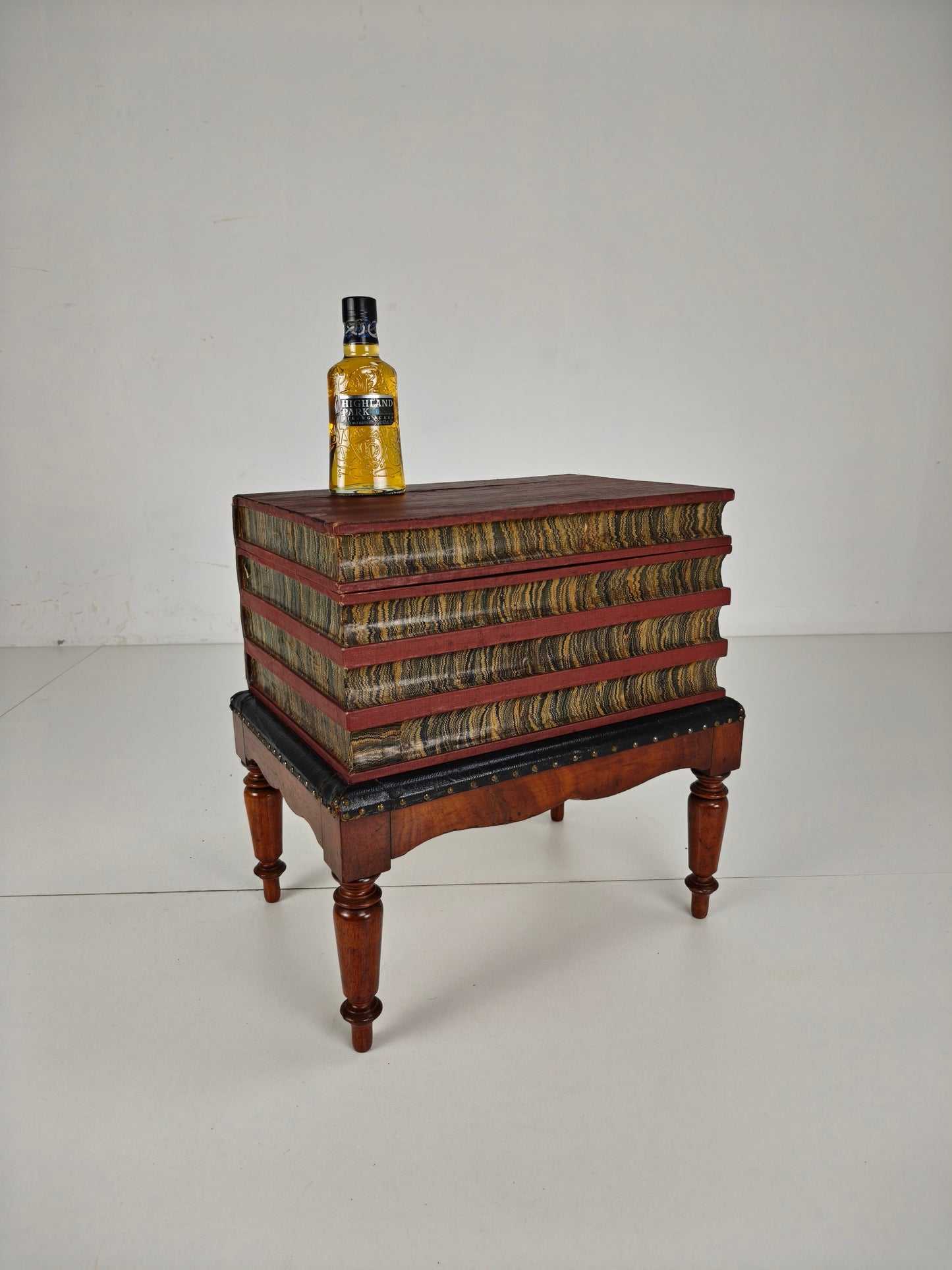 Leather Faux Book Box on Painted Stand – English, circa 1830 Leather Faux Book Box on Painted Stand – English, circa 1830