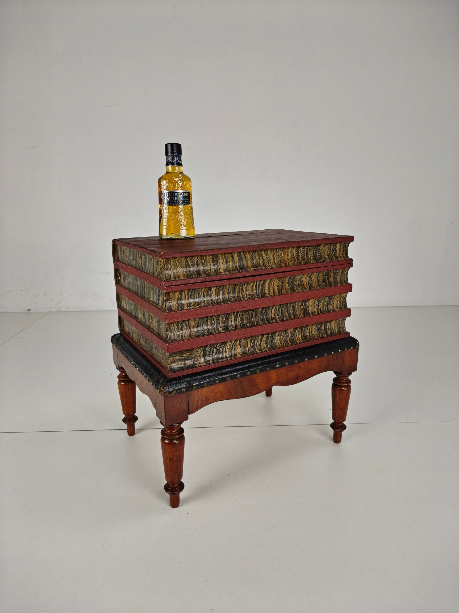 Leather Faux Book Box on Painted Stand – English, circa 1830 Leather Faux Book Box on Painted Stand – English, circa 1830
