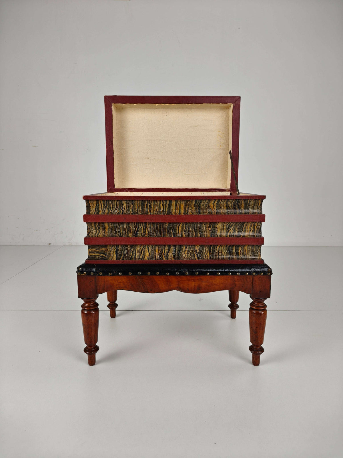 Leather Faux Book Box on Painted Stand – English, circa 1830 Leather Faux Book Box on Painted Stand – English, circa 1830