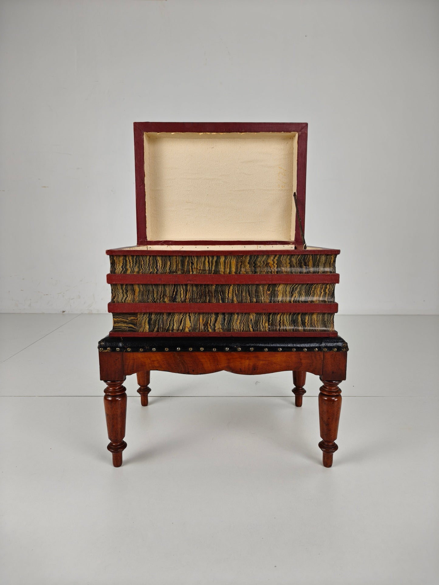 Leather Faux Book Box on Painted Stand – English, circa 1830 Leather Faux Book Box on Painted Stand – English, circa 1830