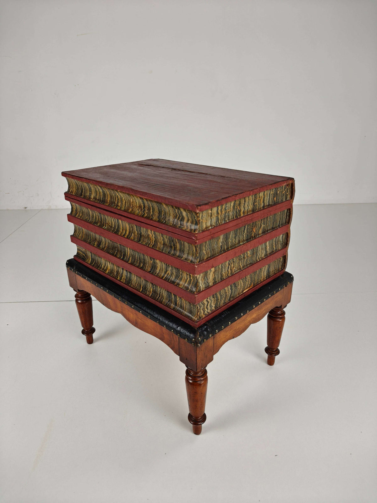 Leather Faux Book Box on Painted Stand – English, circa 1830 Leather Faux Book Box on Painted Stand – English, circa 1830