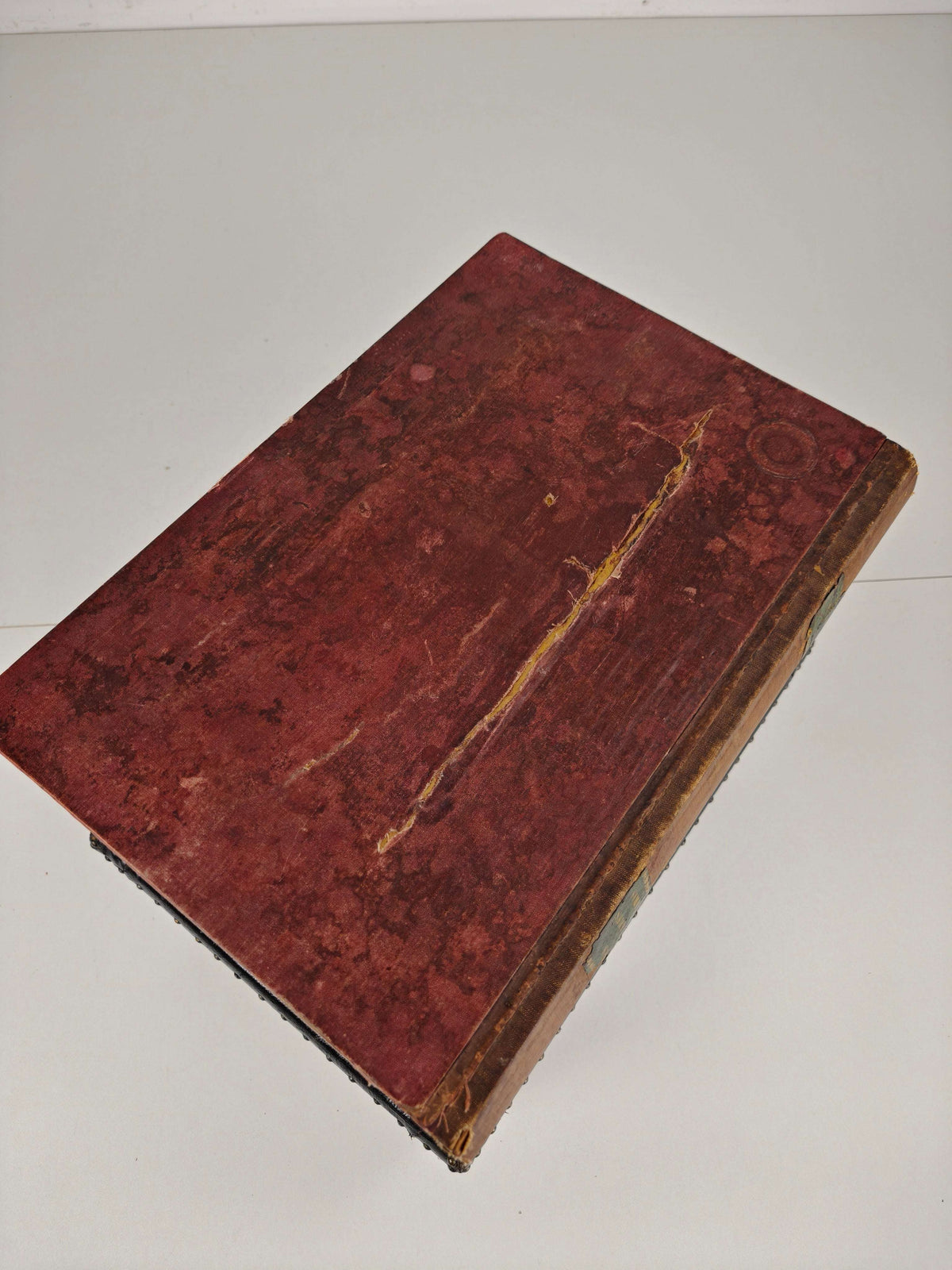Leather Faux Book Box on Painted Stand – English, circa 1830 Leather Faux Book Box on Painted Stand – English, circa 1830