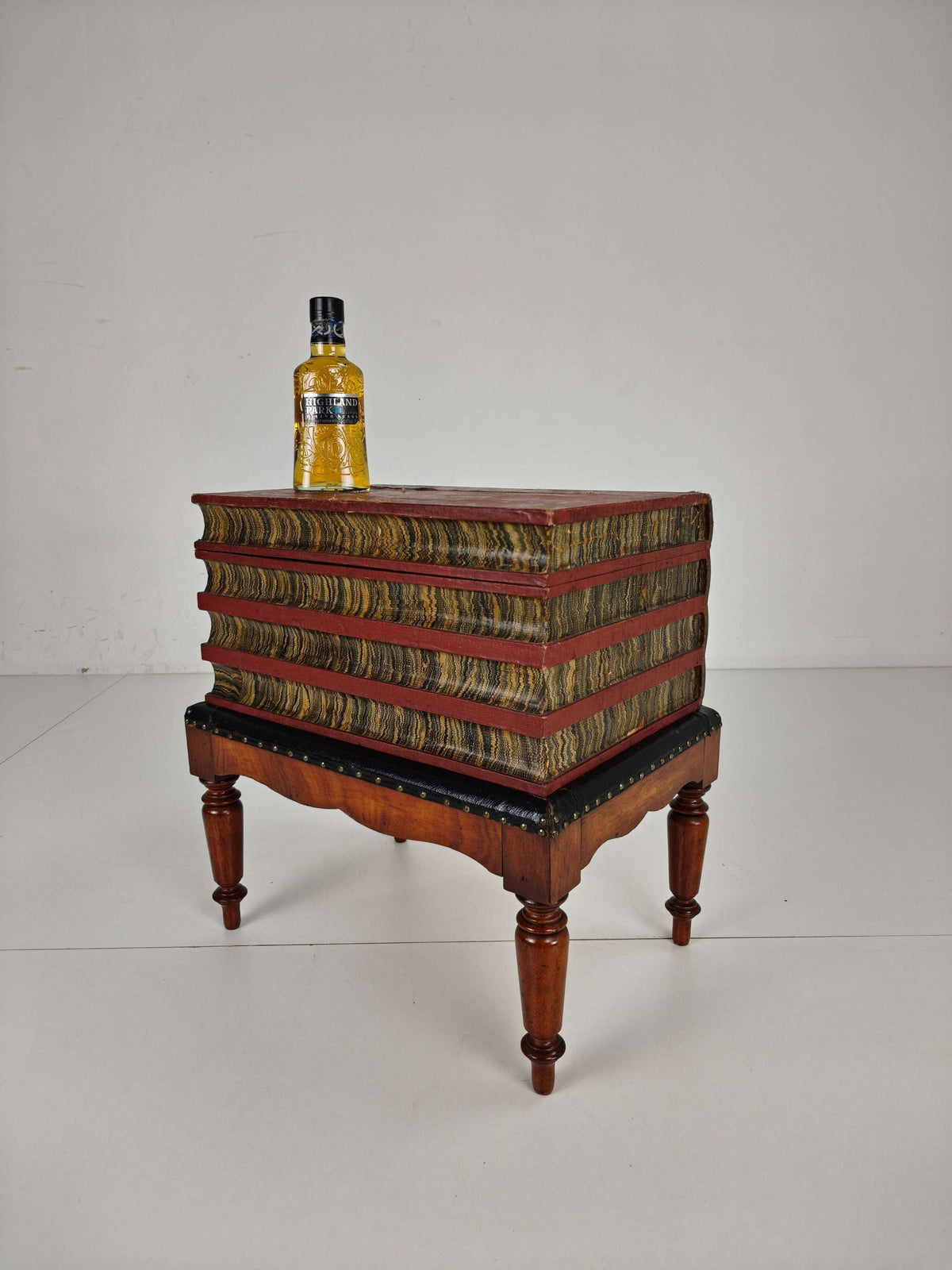 Leather Faux Book Box on Painted Stand – English, circa 1830 Leather Faux Book Box on Painted Stand – English, circa 1830