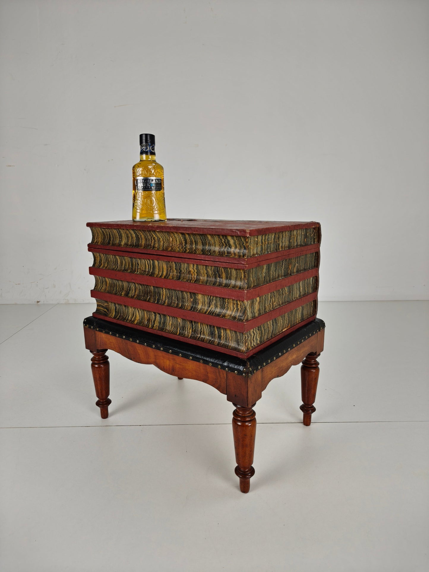 Leather Faux Book Box on Painted Stand – English, circa 1830 Leather Faux Book Box on Painted Stand – English, circa 1830