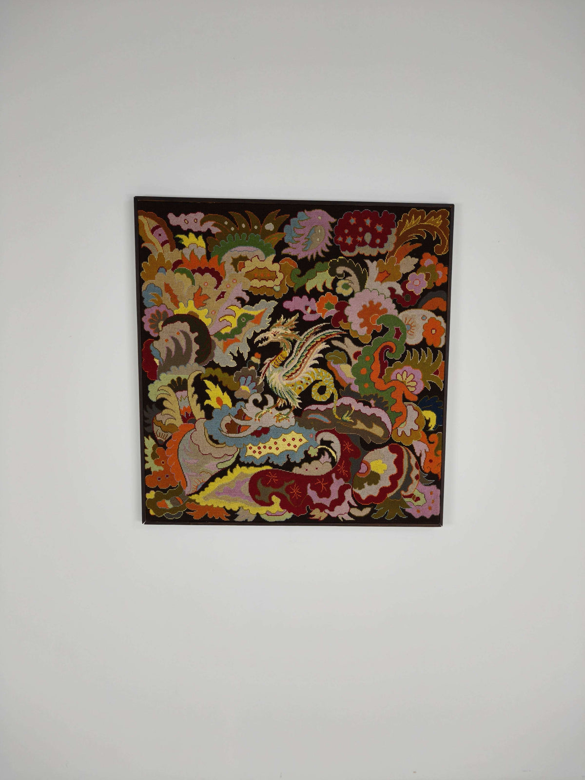 Original French Hand-Embroidered Textile – Griffin & Floral Design – c.1930–1940 Original French Hand-Embroidered Textile – Griffin & Floral Design – c.1930–1940