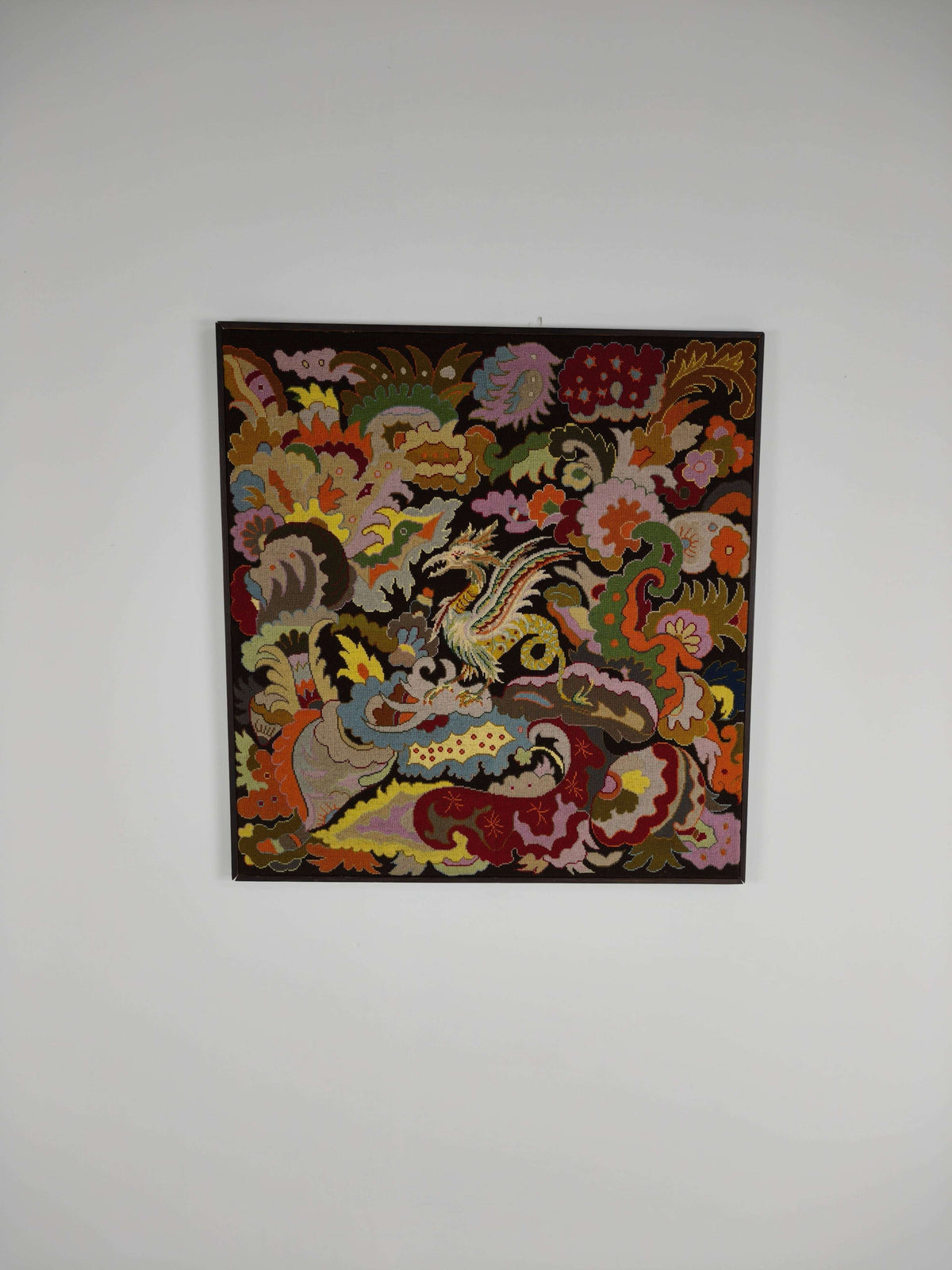 Original French Hand-Embroidered Textile – Griffin & Floral Design – c.1930–1940 Original French Hand-Embroidered Textile – Griffin & Floral Design – c.1930–1940