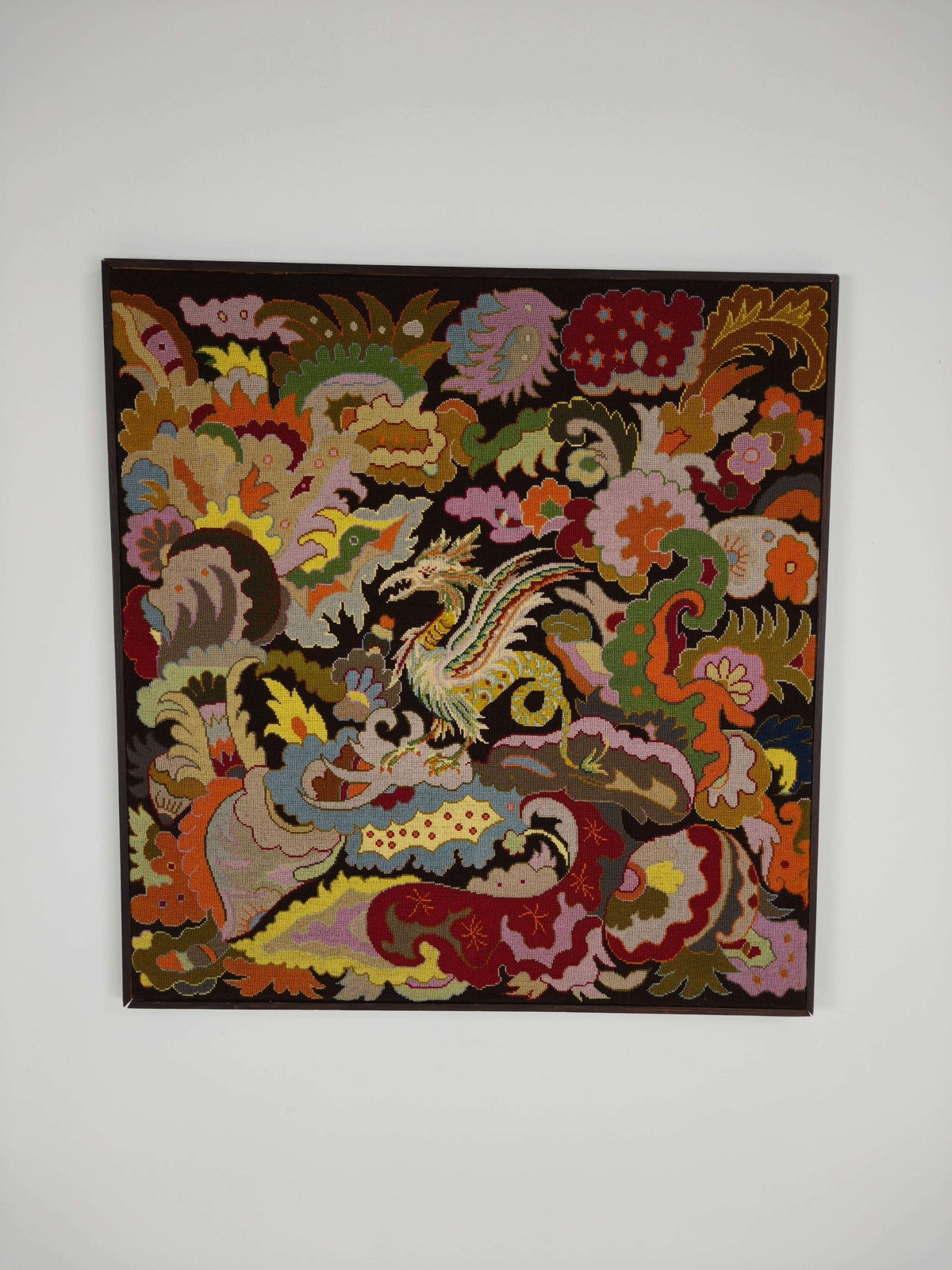 Original French Hand-Embroidered Textile – Griffin & Floral Design – c.1930–1940 Original French Hand-Embroidered Textile – Griffin & Floral Design – c.1930–1940