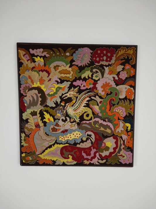 Original French Hand-Embroidered Textile – Griffin & Floral Design – c.1930–1940 Original French Hand-Embroidered Textile – Griffin & Floral Design – c.1930–1940