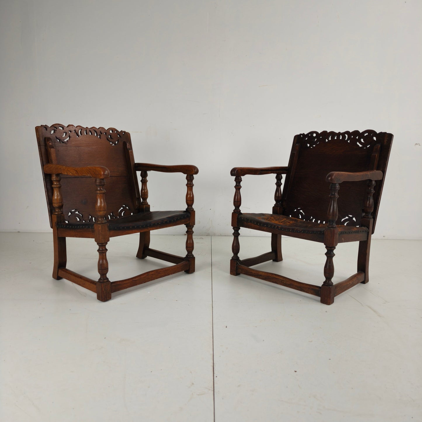 Pair of English Antique Jacobean Monk Armchairs / Tables by F. Parker & Sons Ltd Pair of English Antique Jacobean Monk Armchairs / Tables by F. Parker & Sons Ltd