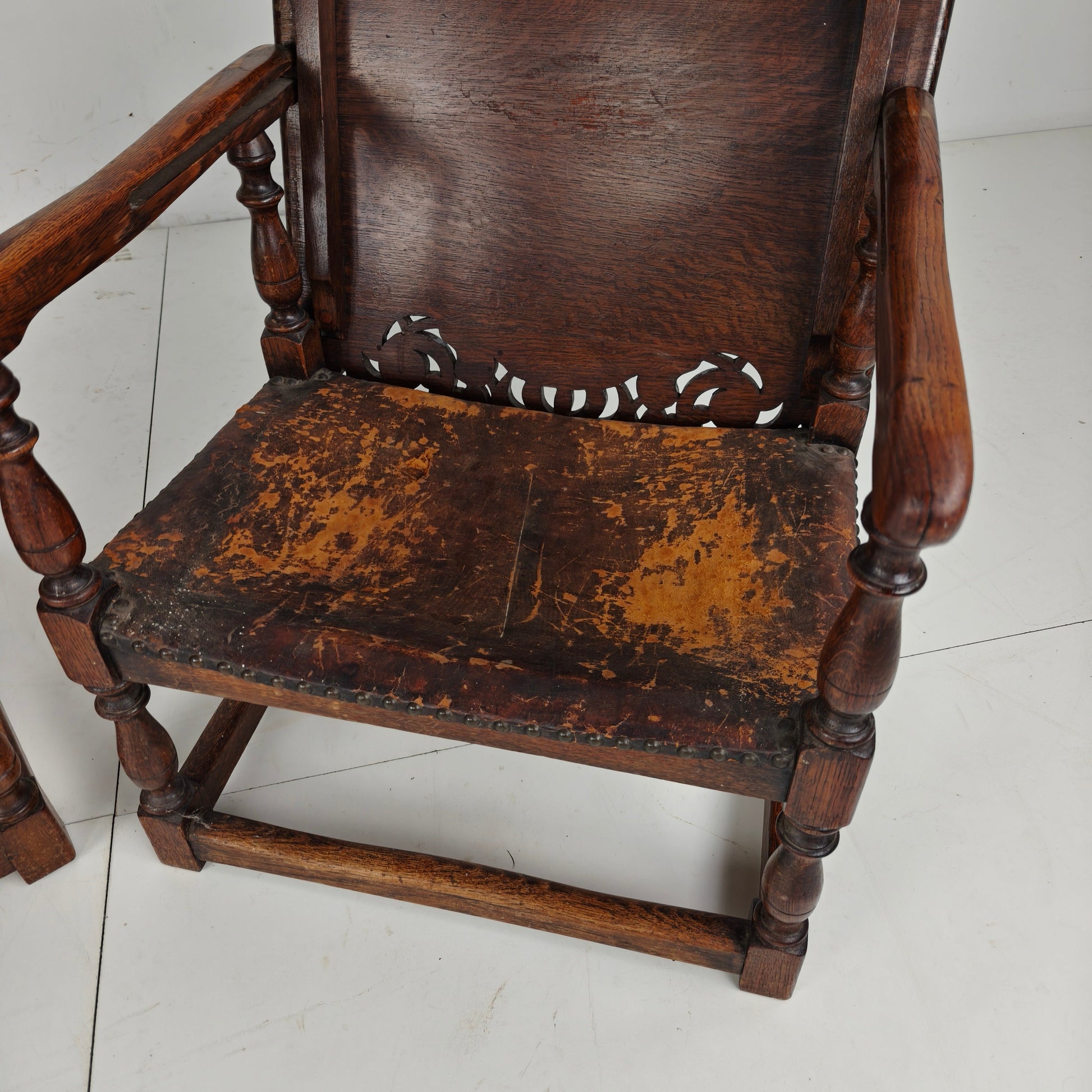 Pair of English Antique Jacobean Monk Armchairs / Tables by F. Parker & Sons Ltd Pair of English Antique Jacobean Monk Armchairs / Tables by F. Parker & Sons Ltd